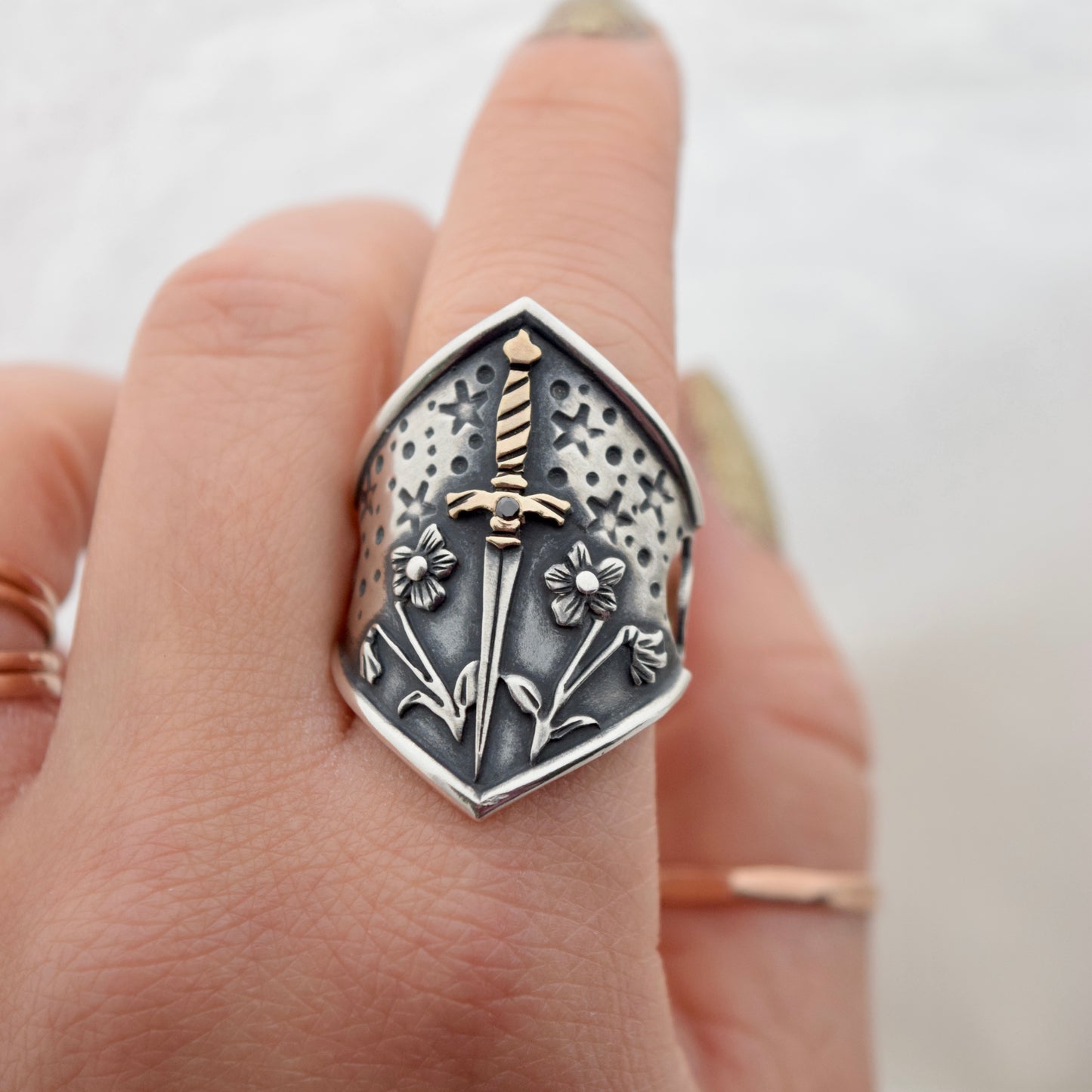 Violent Little Thing Shield Ring with .02c Black Diamond and Yellow Gold Fill Size 9.75/10