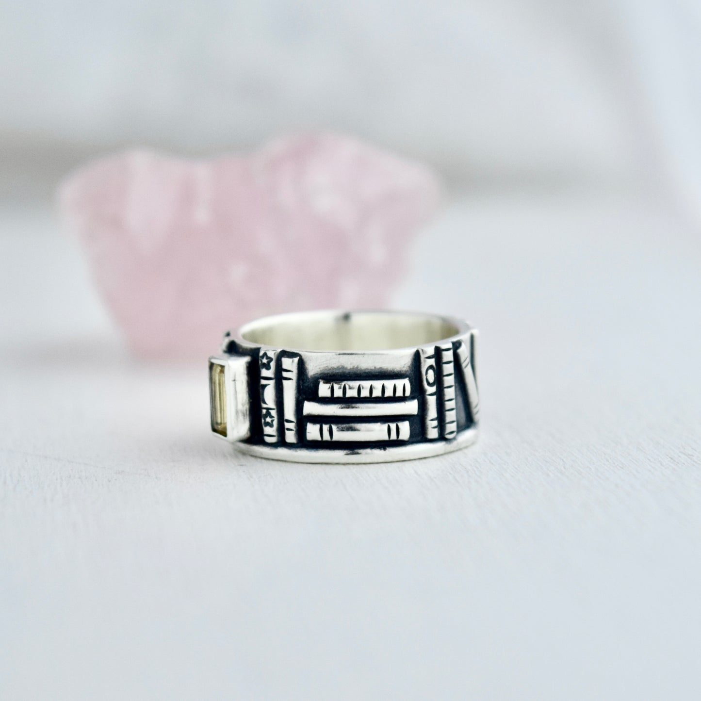 Bookshelf Ring Band with Citrine and Rainbow Moonstone Size 7