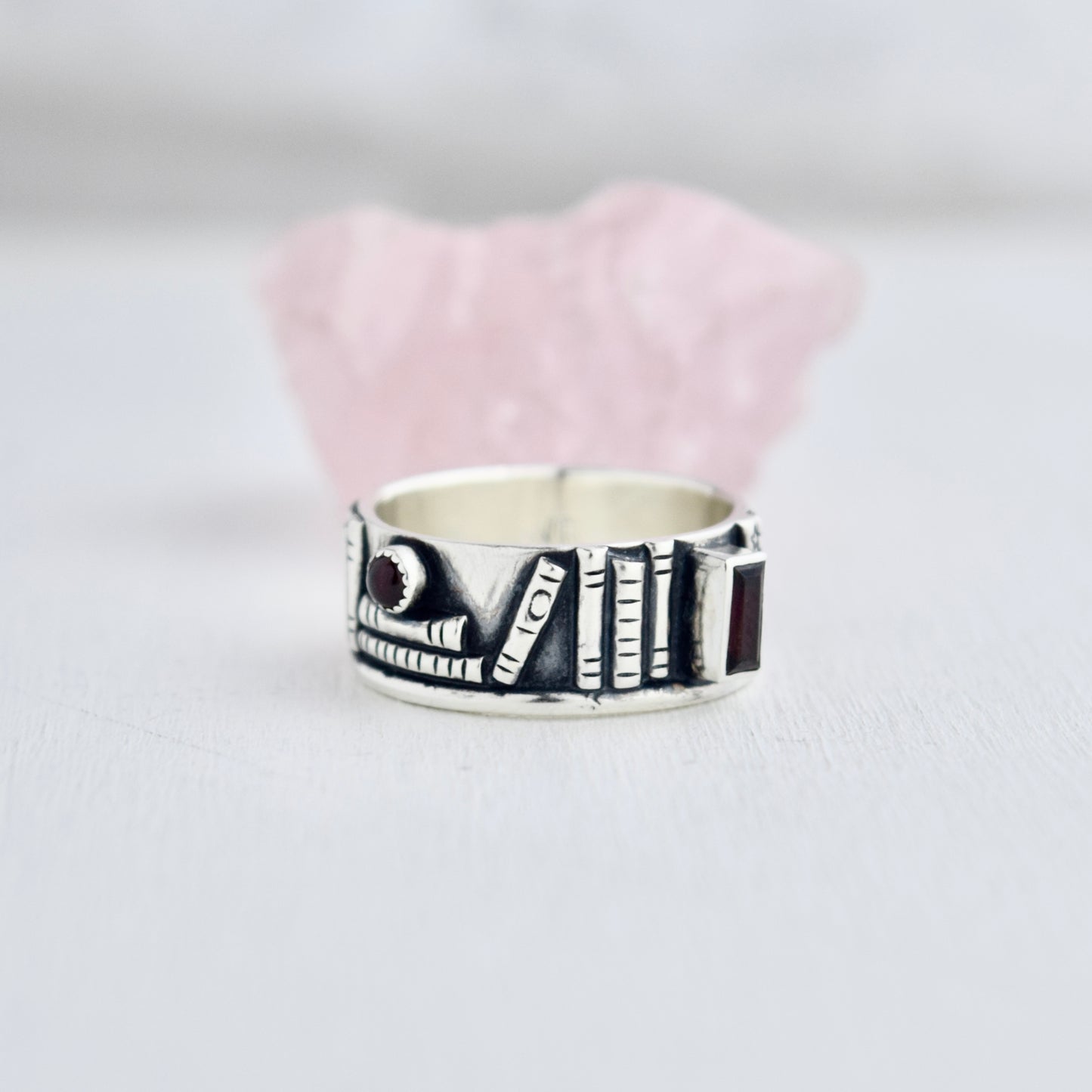 Bookshelf Ring Band with Garnet Size 8.5/8.75