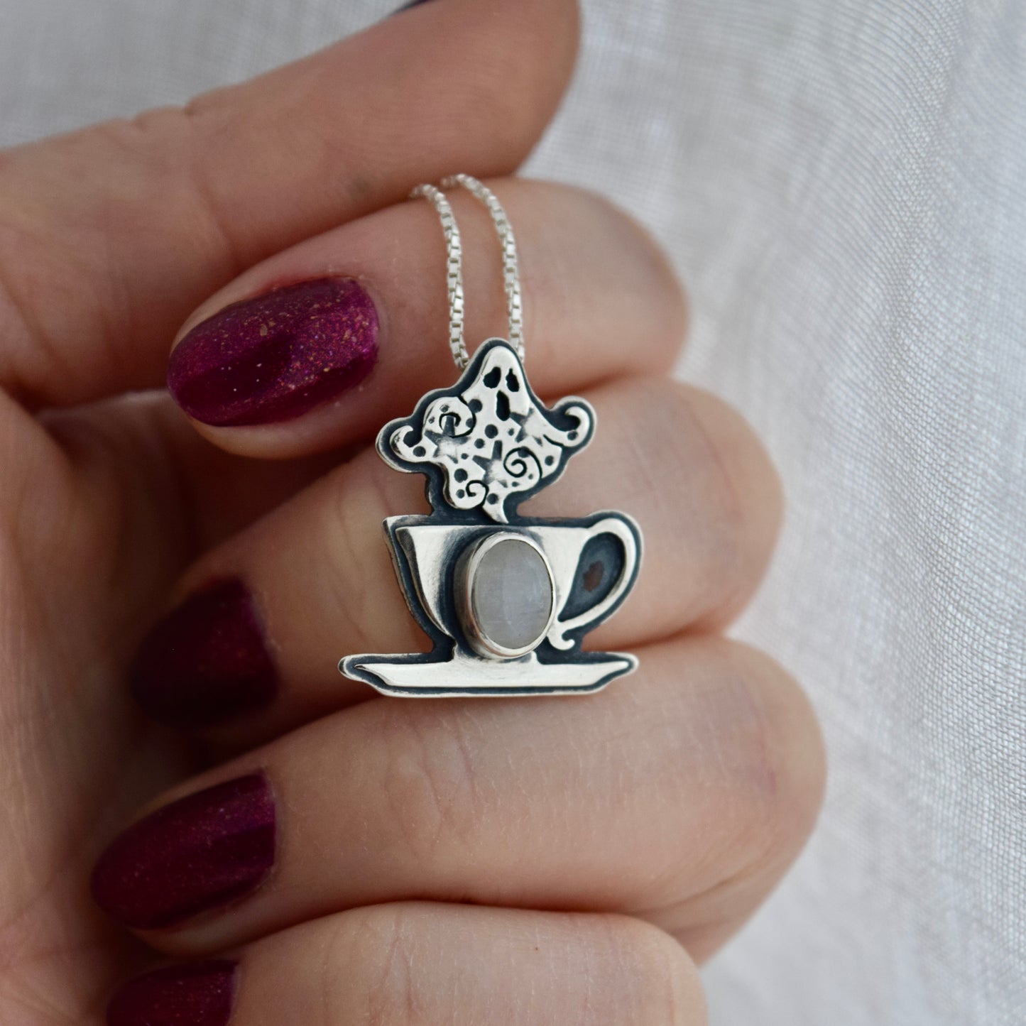 Dead Tired Cuppa Potion Pendant with Rainbow Moonstone