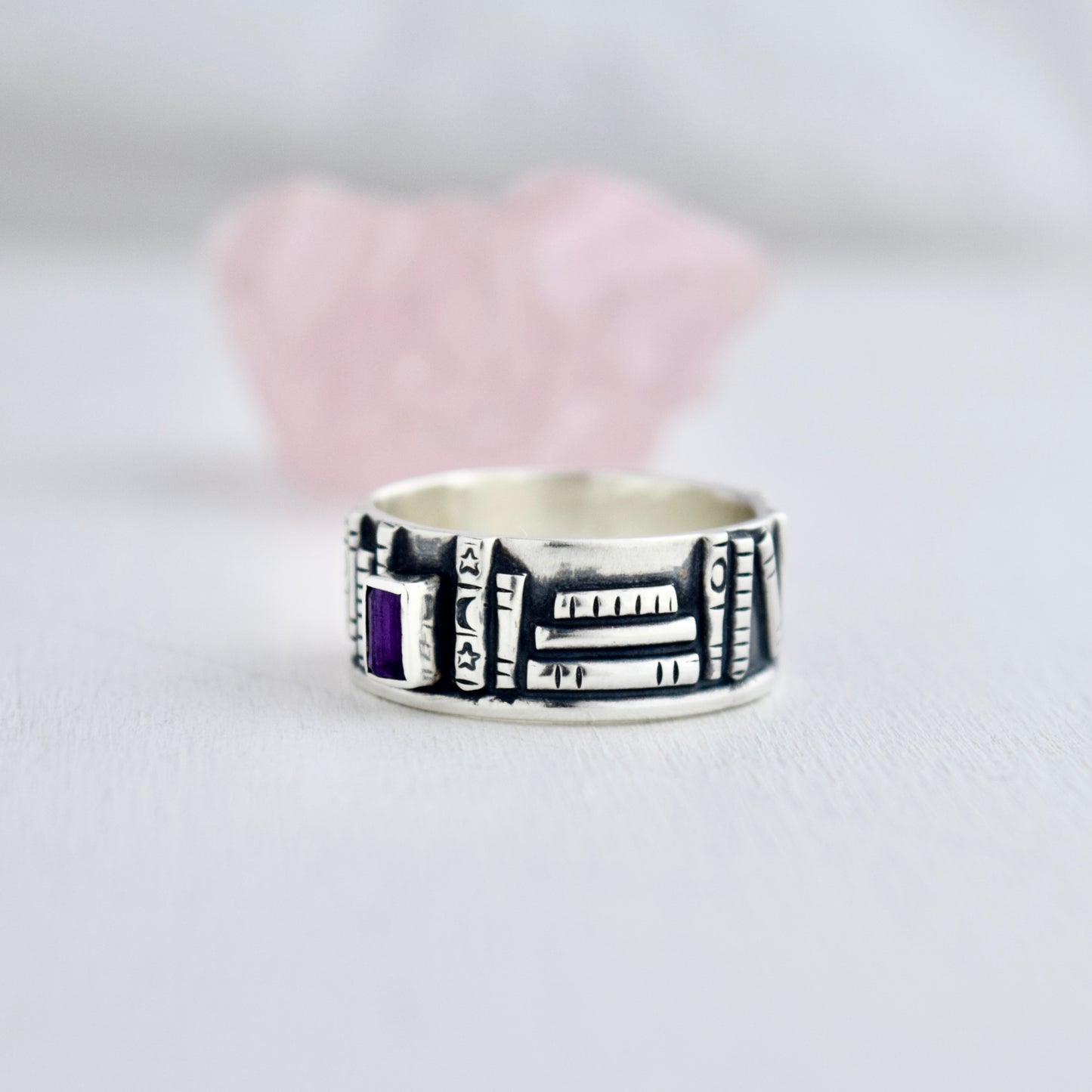 Bookshelf Ring Band with Amethyst and Black Star Sapphire Size 9.75