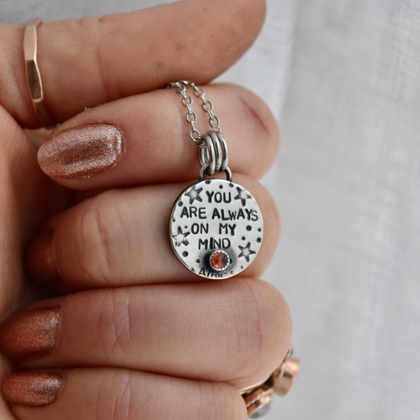 Double Sided Copper Blood on the Moon Pendant with Garnet