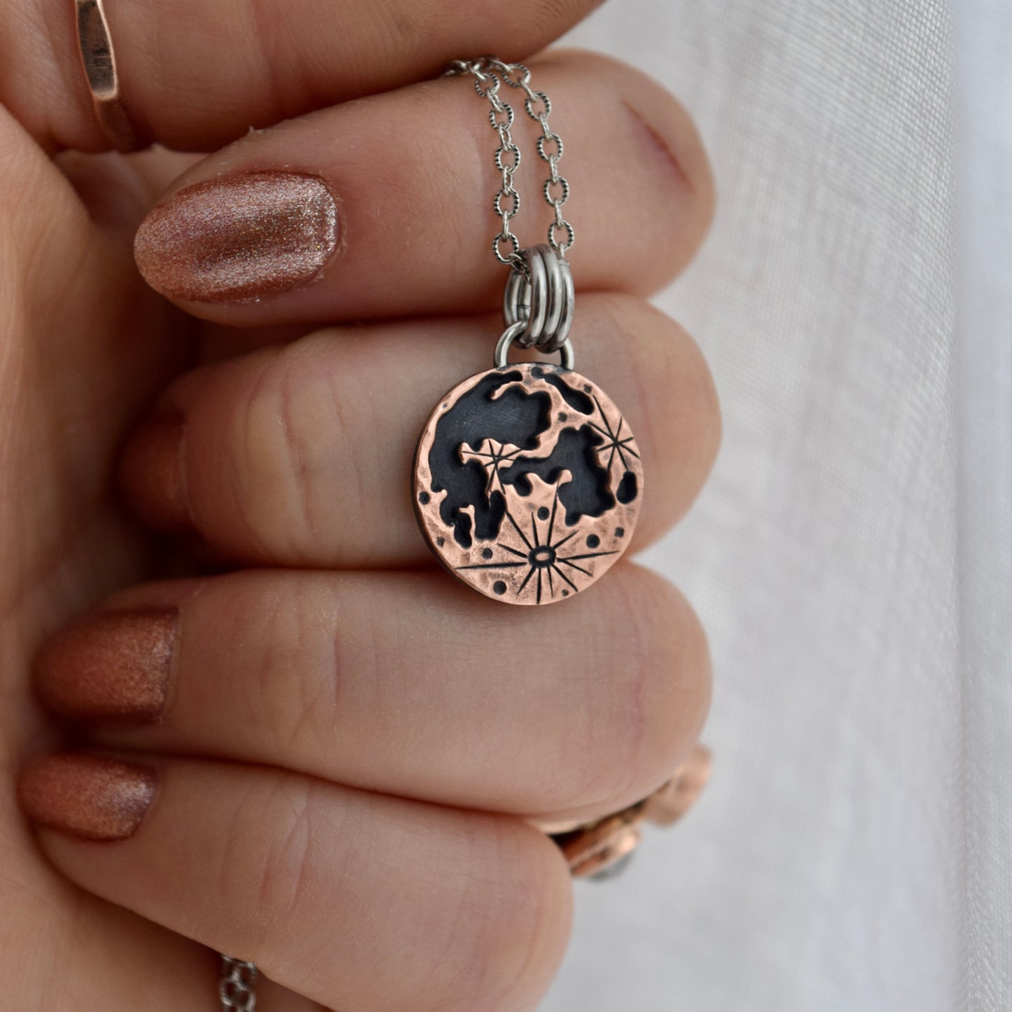 Double Sided Copper Blood on the Moon Pendant with Garnet