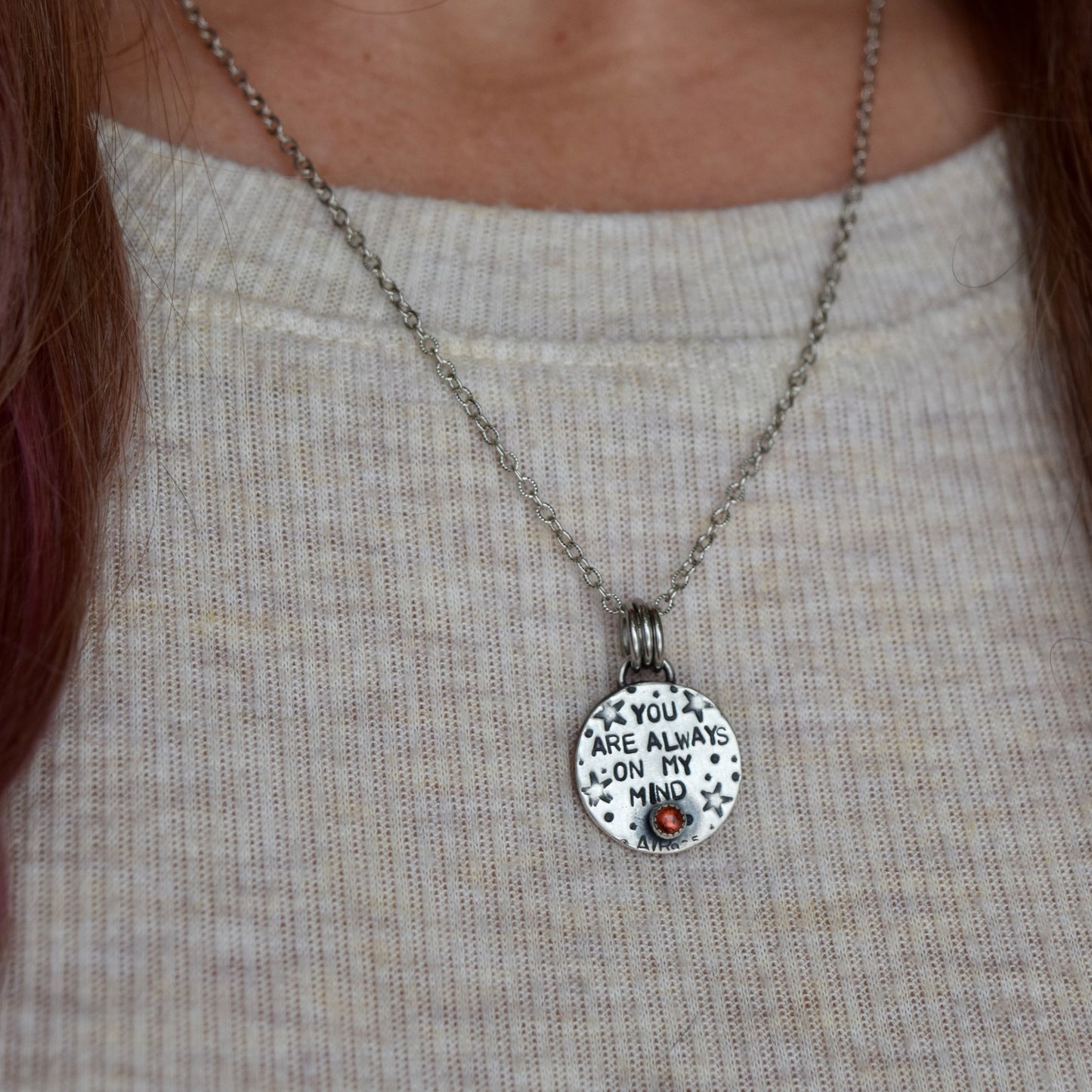 Double Sided Copper Blood on the Moon Pendant with Garnet