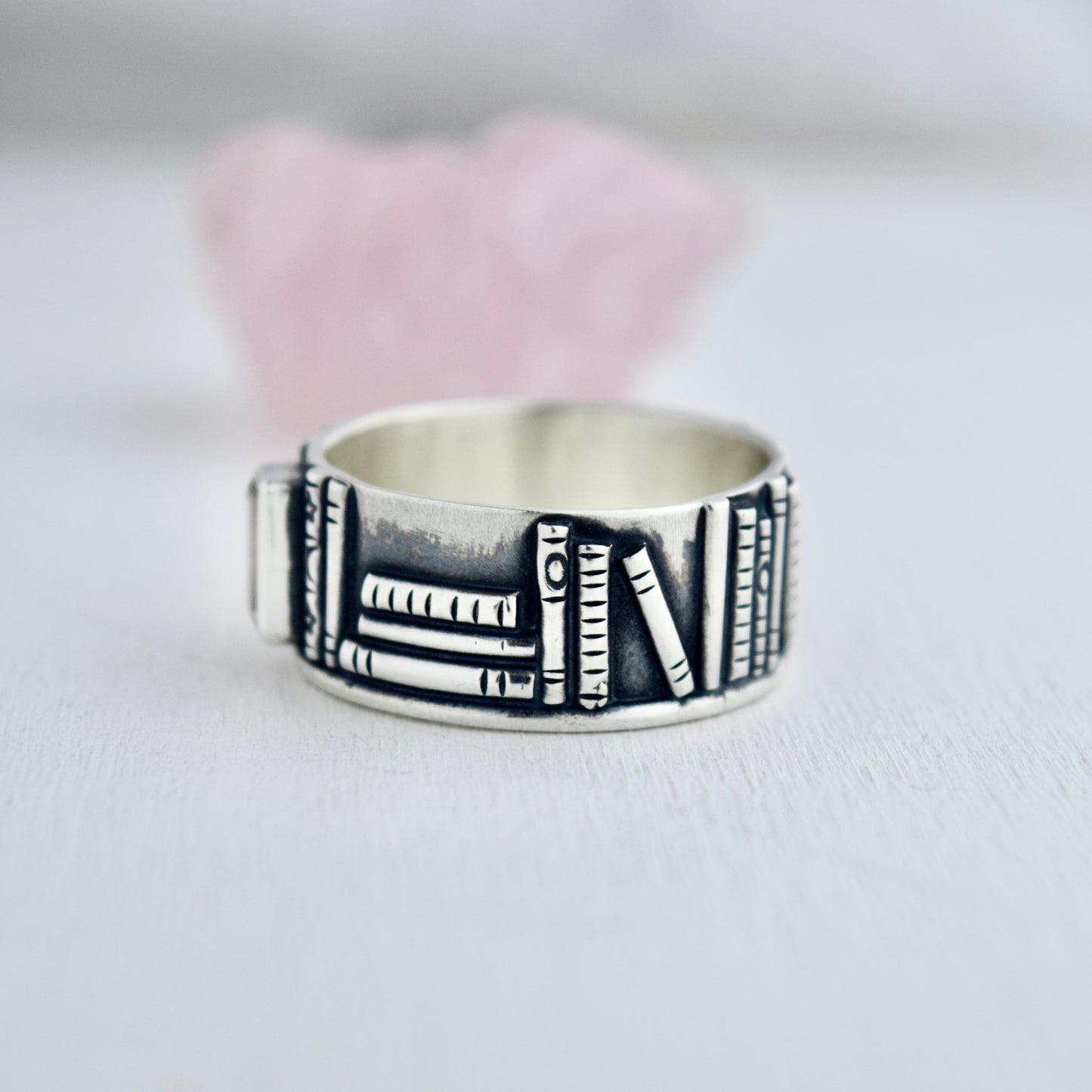 Bookshelf Ring Band with Rose Quartz and Rainbow Moonstone Size 13