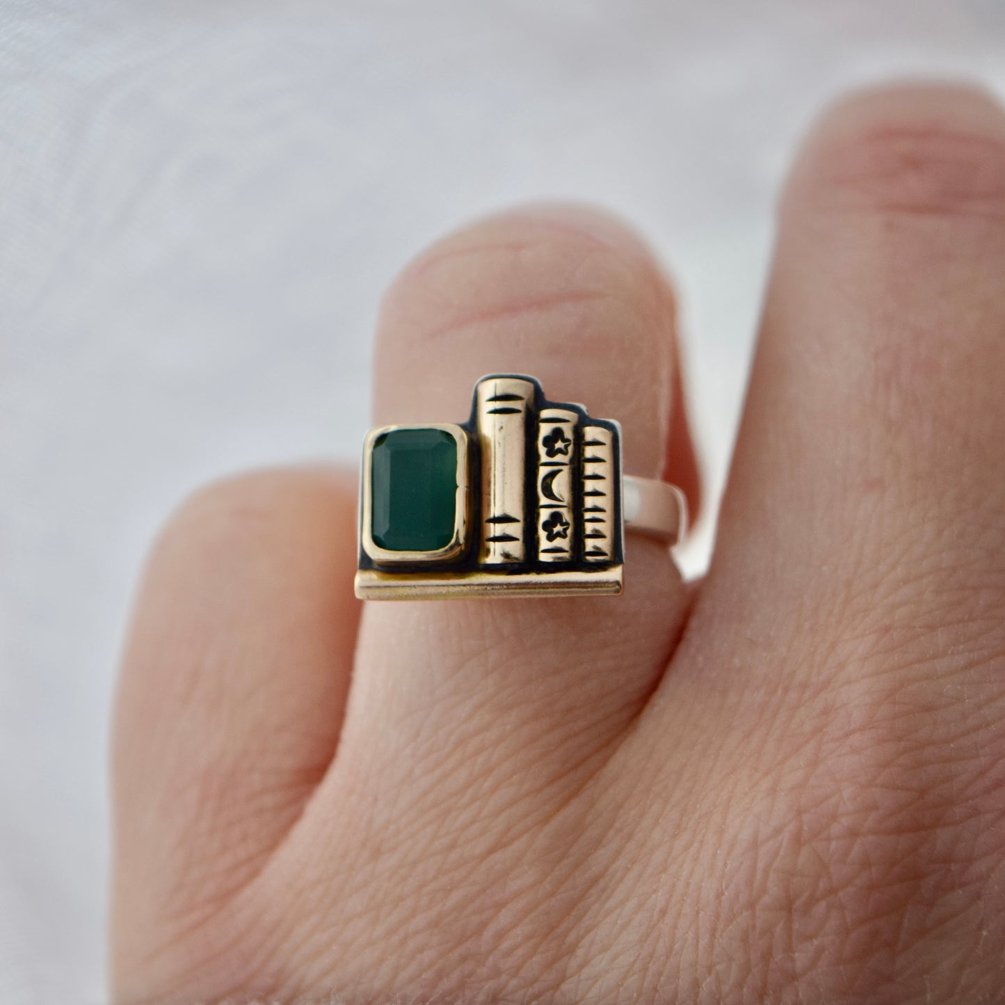 Bookshelf Ring with Chrome Chalcedony, 14k Solid Yellow Gold, and Gold Fill size 6