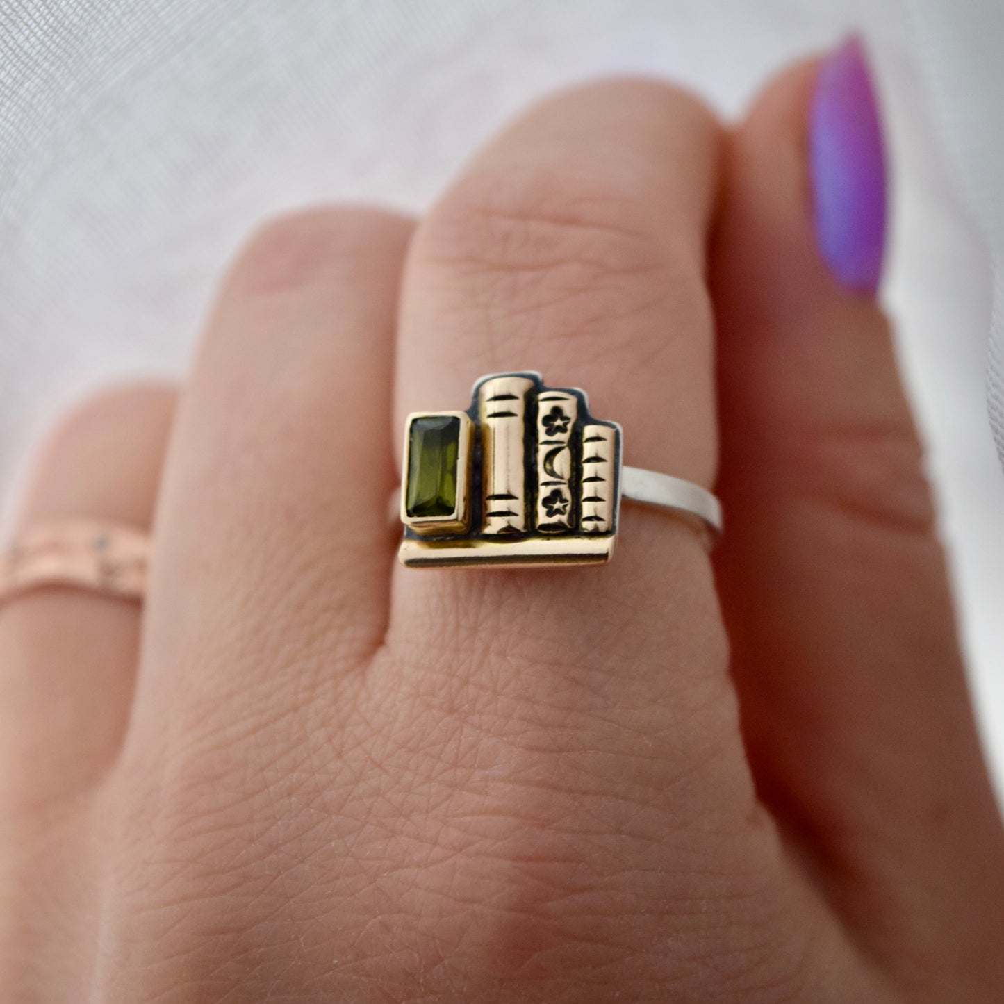 Mini Bookshelf Ring with Dravite Tourmaline, 14k Solid Yellow Gold, and Gold Fill size 6.5