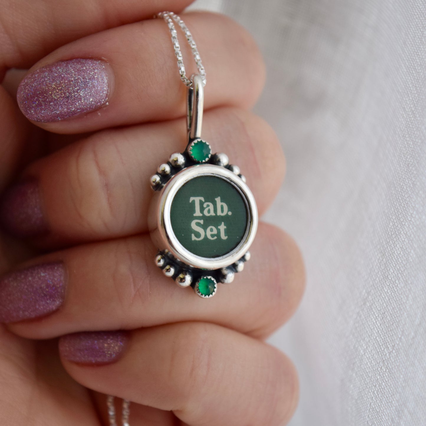 Vintage Typewriter Key Necklace with Lab Grown Emerald