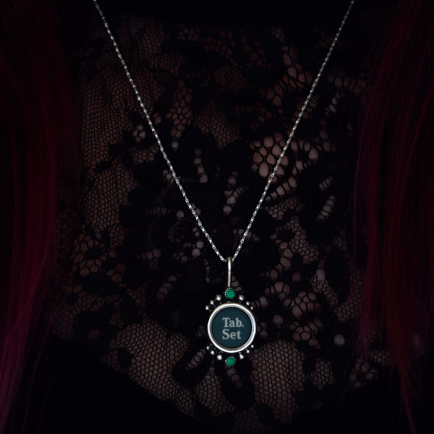 Vintage Typewriter Key Necklace with Lab Grown Emerald