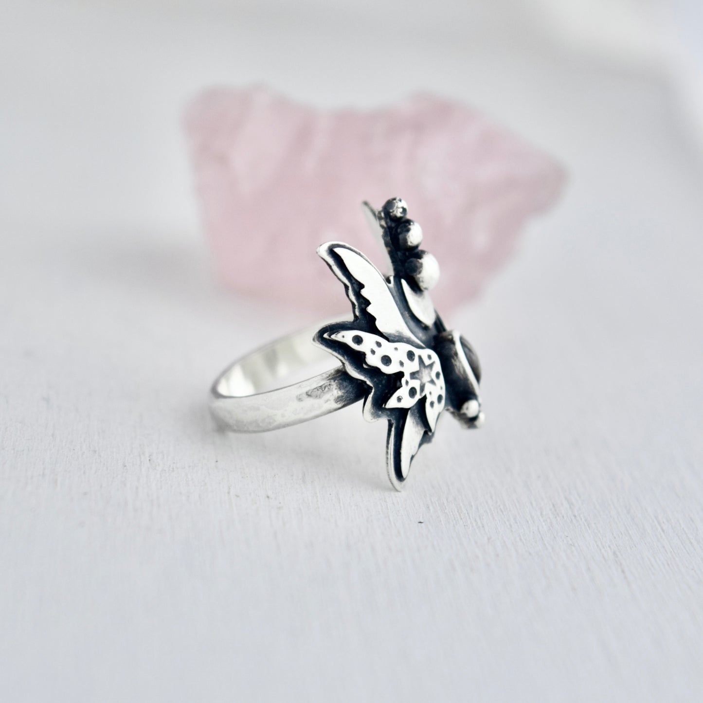 Midnight Fairy Wings Ring with Black Star Sapphire size 6.5