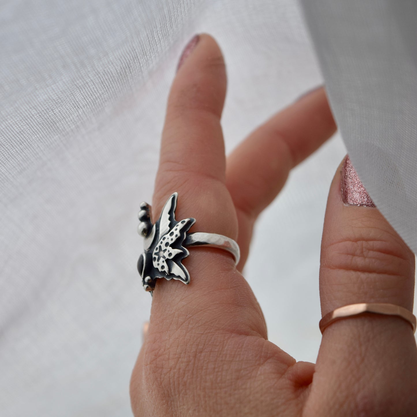 Midnight Fairy Wings Ring with Black Star Sapphire size 6.5