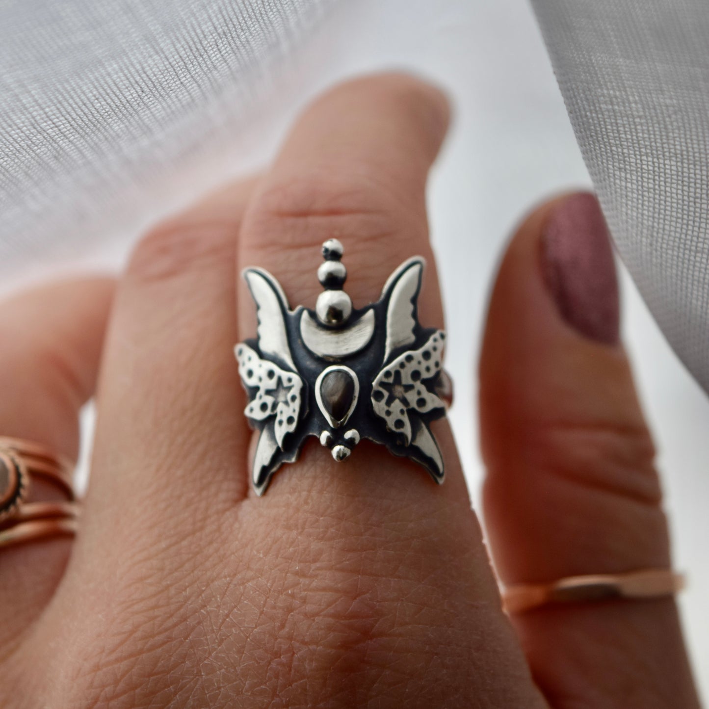 Midnight Fairy Wings Ring with Black Star Sapphire size 6.5