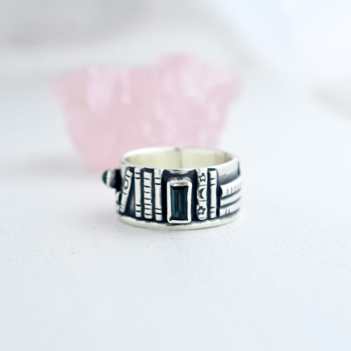 Bookshelf Ring Band with Blue Topaz and Blue Tourmaline Size 6.25