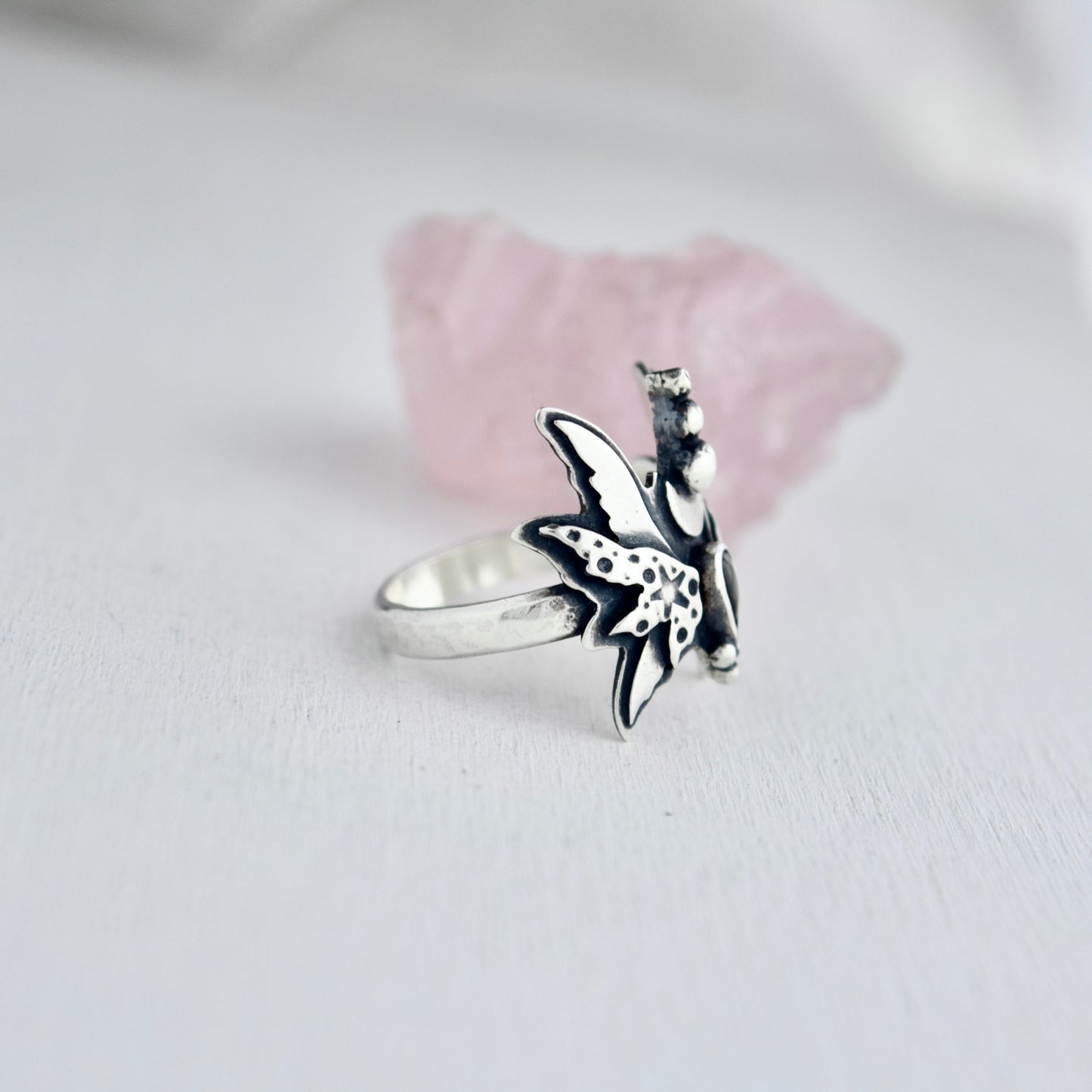 Midnight Fairy Wings Ring with Black Star Sapphire size 8.5