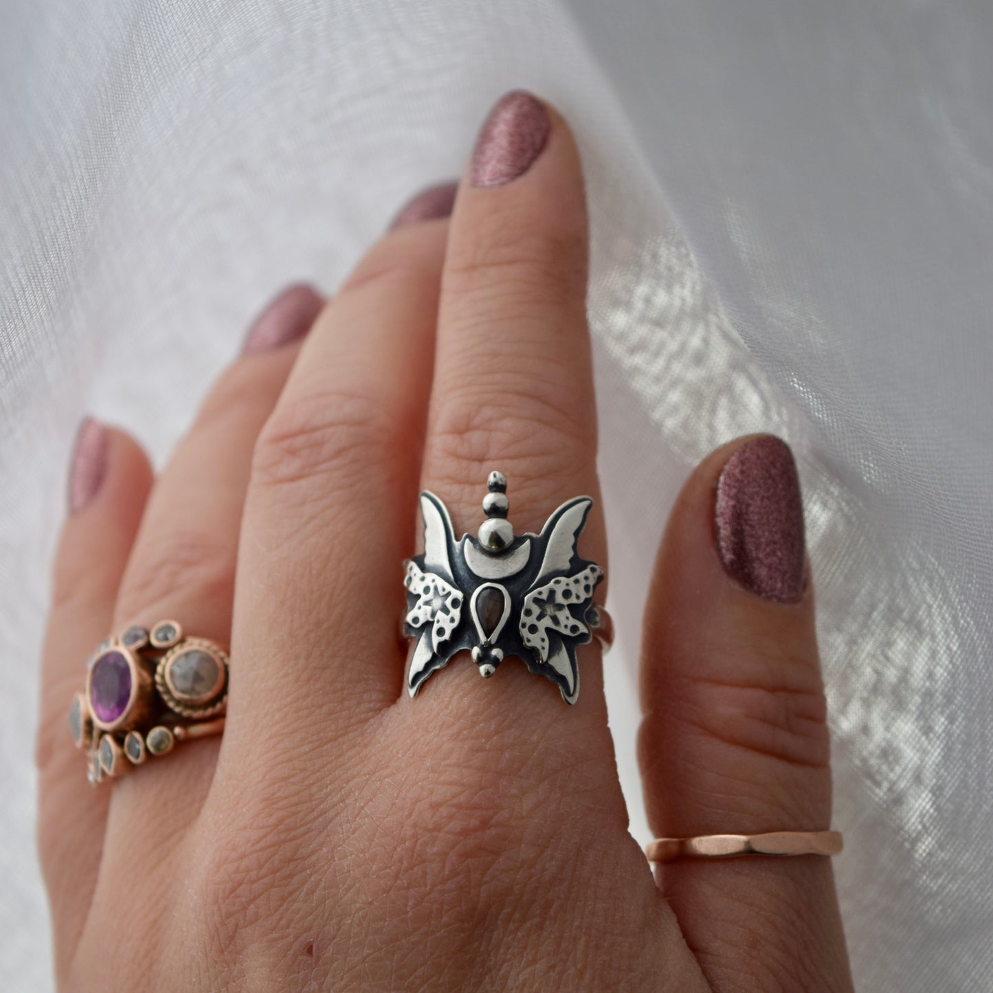 Midnight Fairy Wings Ring with Black Star Sapphire size 8.5