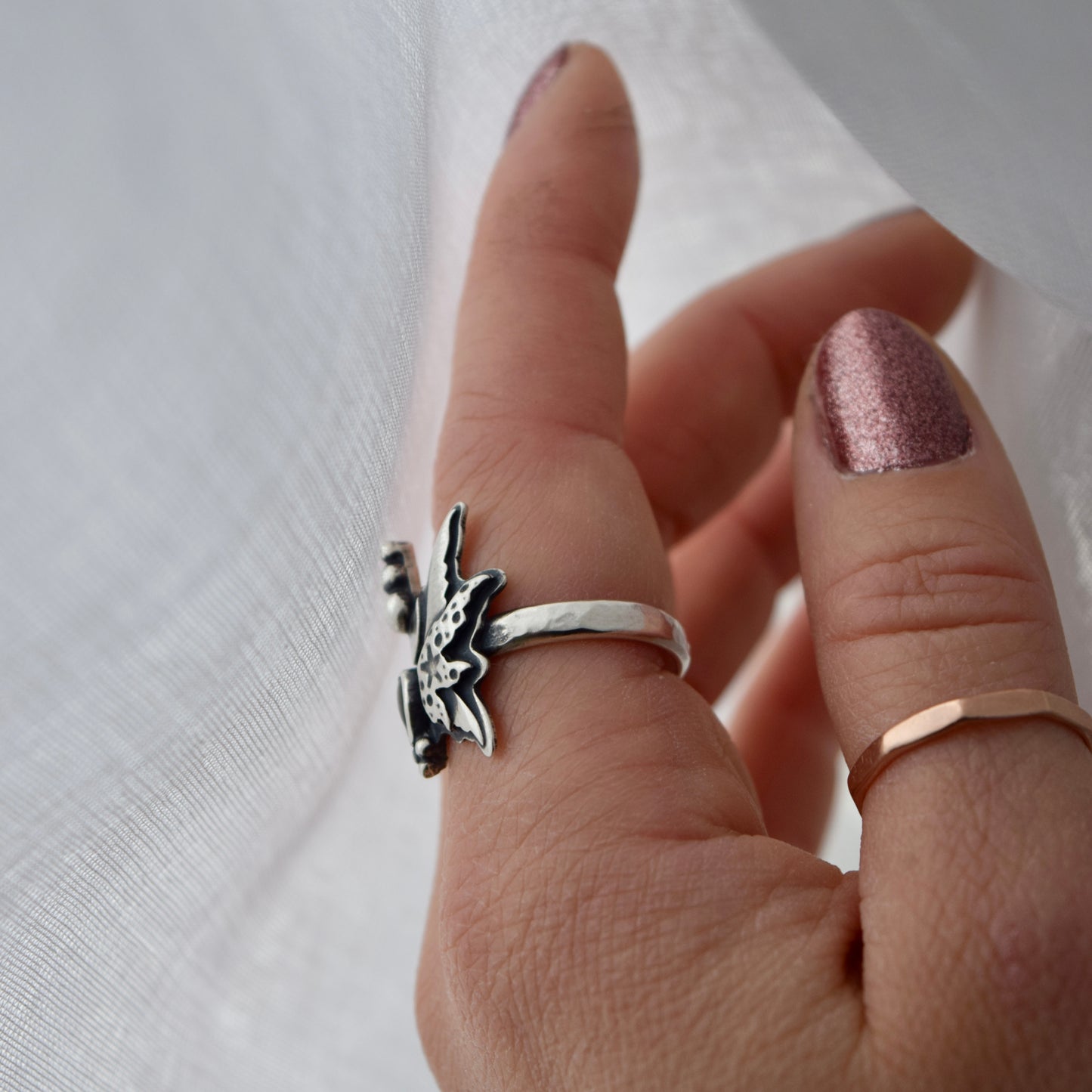 Midnight Fairy Wings Ring with Black Star Sapphire size 8.5