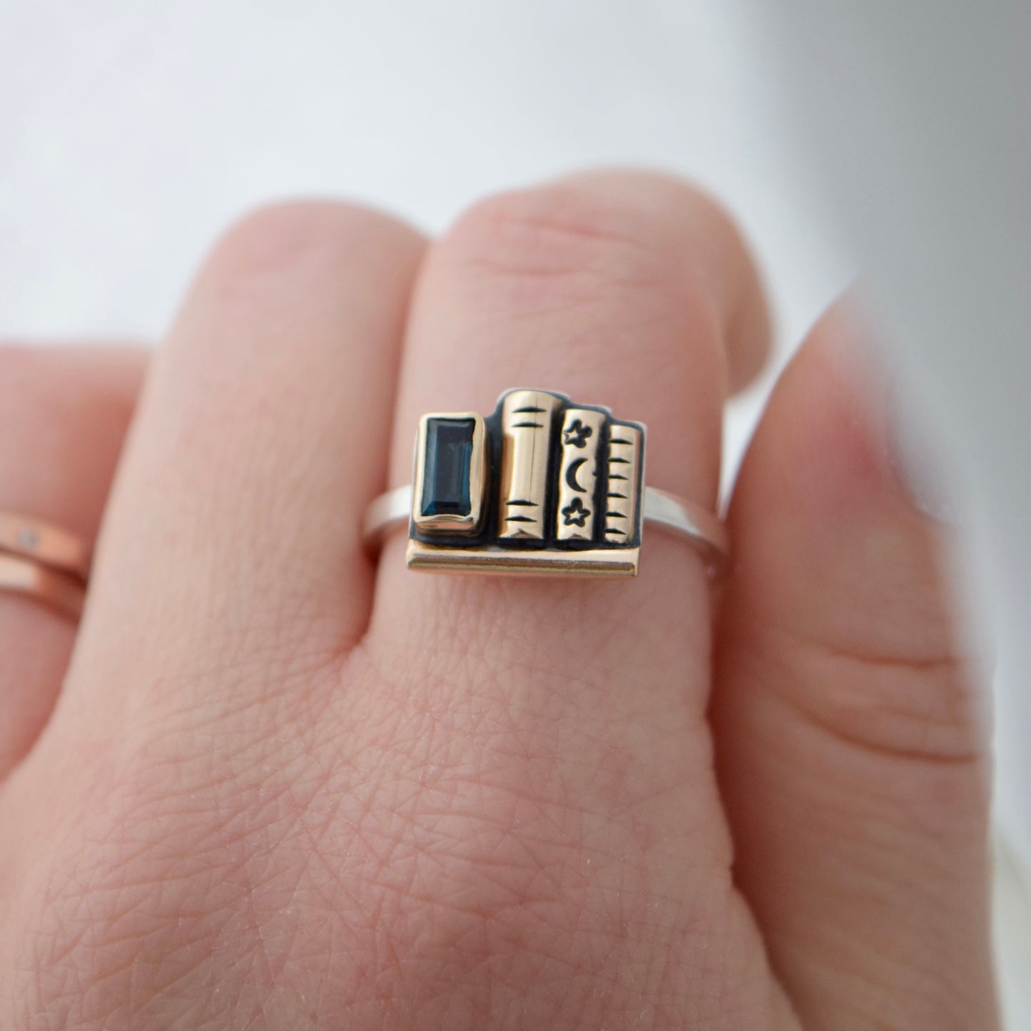 Mini Bookshelf Ring with Blue Topaz, 14k Solid Yellow Gold, and Gold Fill size 9