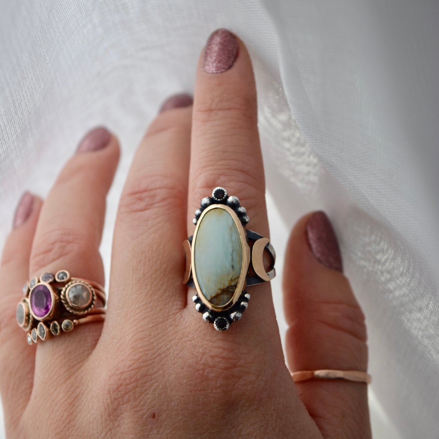 Rare 7D Variscite, Smokey Quartz, and Gold Fill Ring Size 7