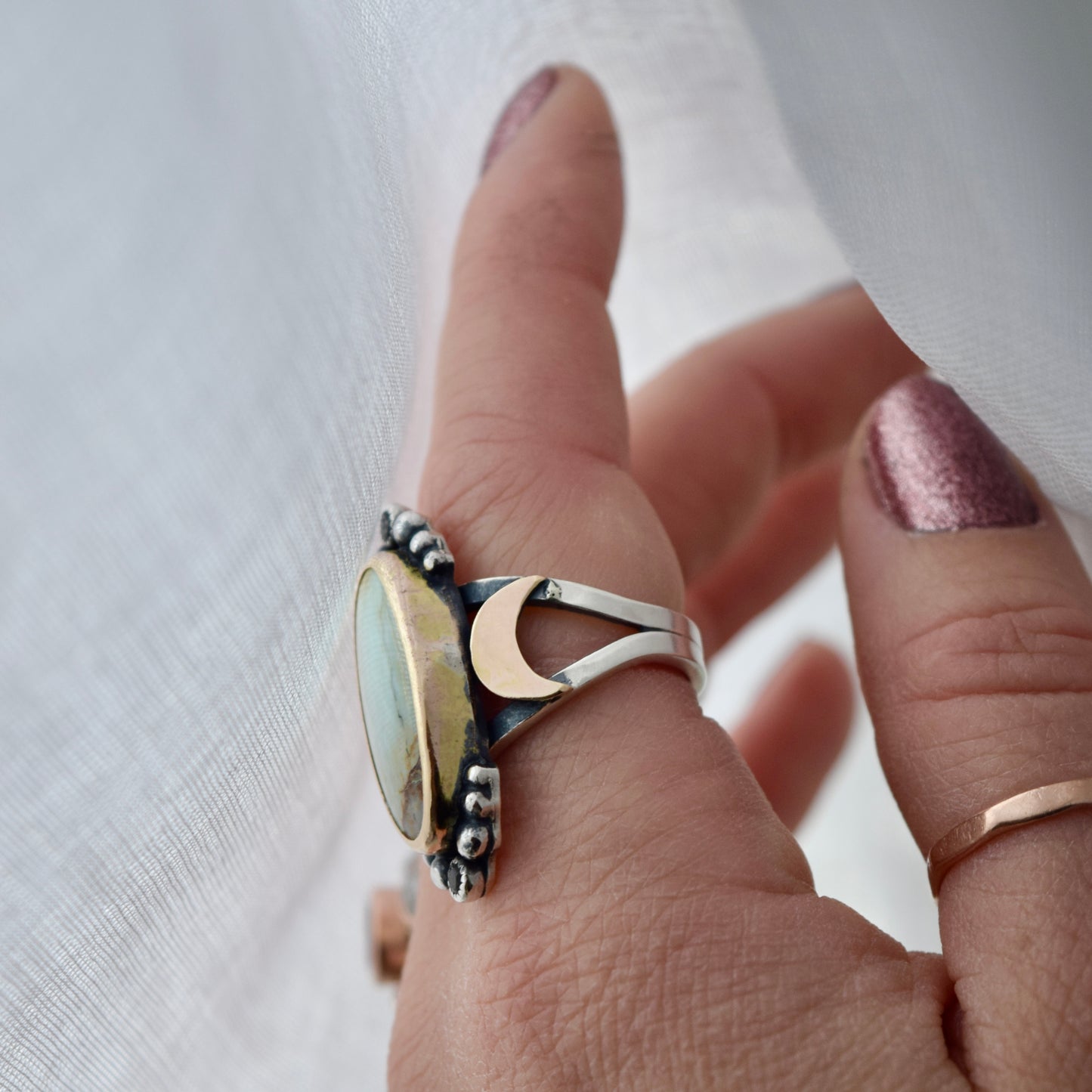 Rare 7D Variscite, Smokey Quartz, and Gold Fill Ring Size 7