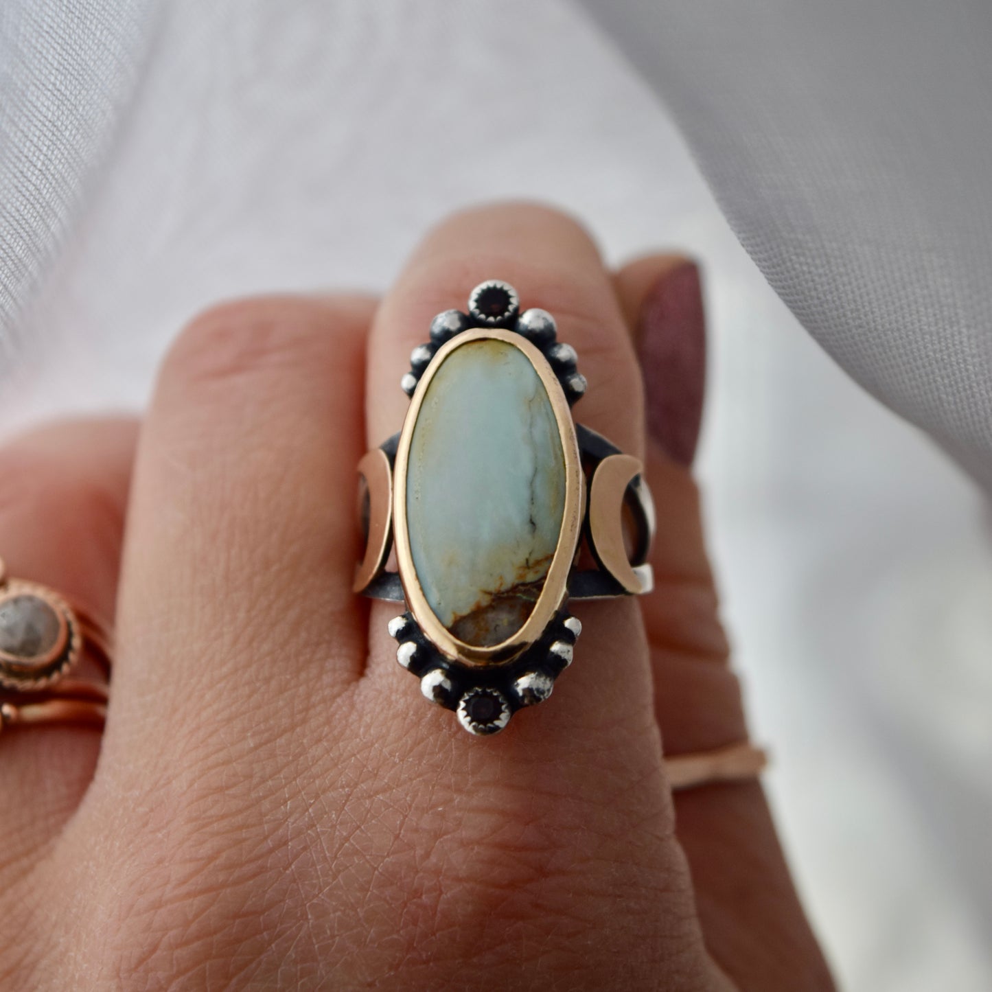 Rare 7D Variscite, Smokey Quartz, and Gold Fill Ring Size 7