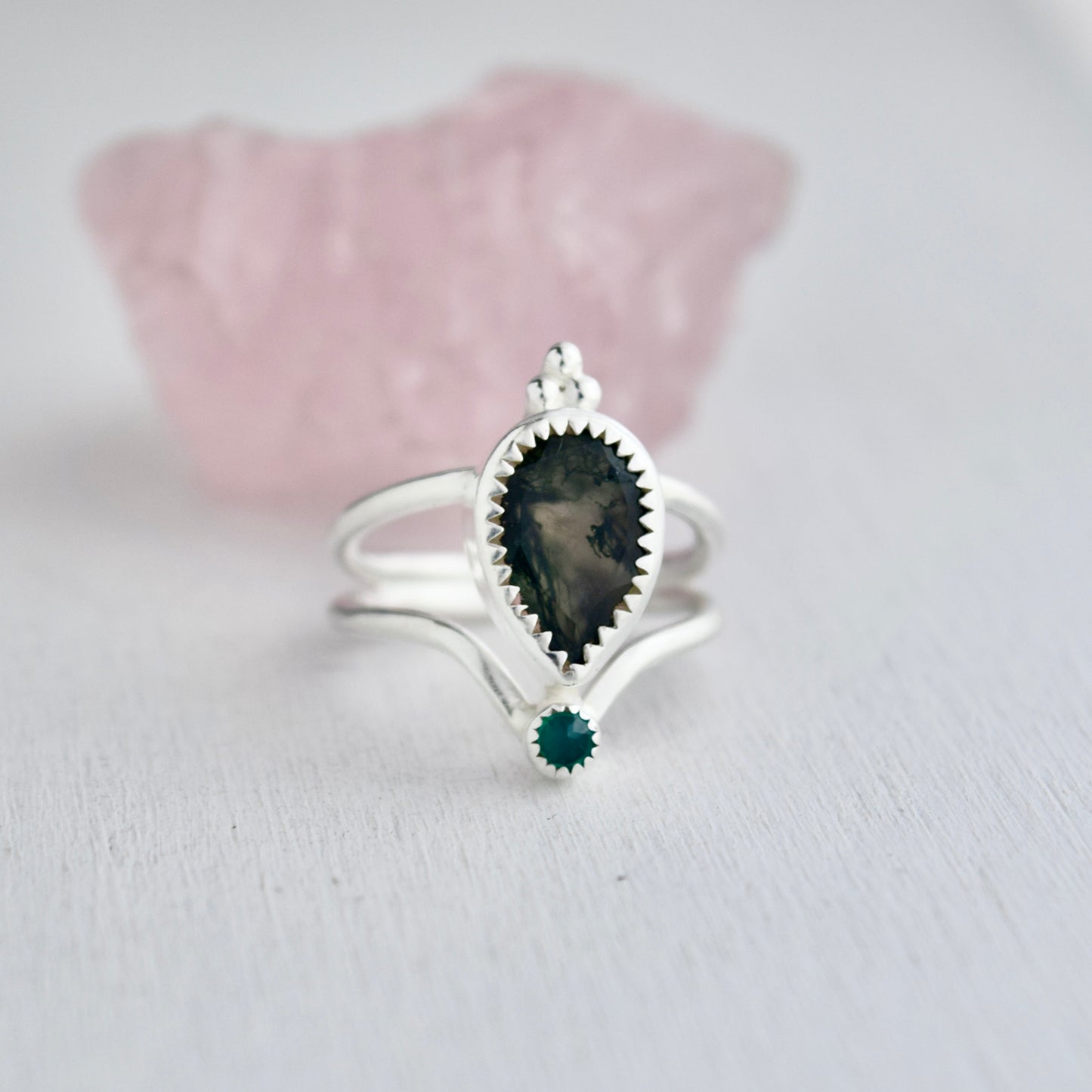 Starry Eyed Ring with Moss Agate and Lab Grown Emerald Size 5