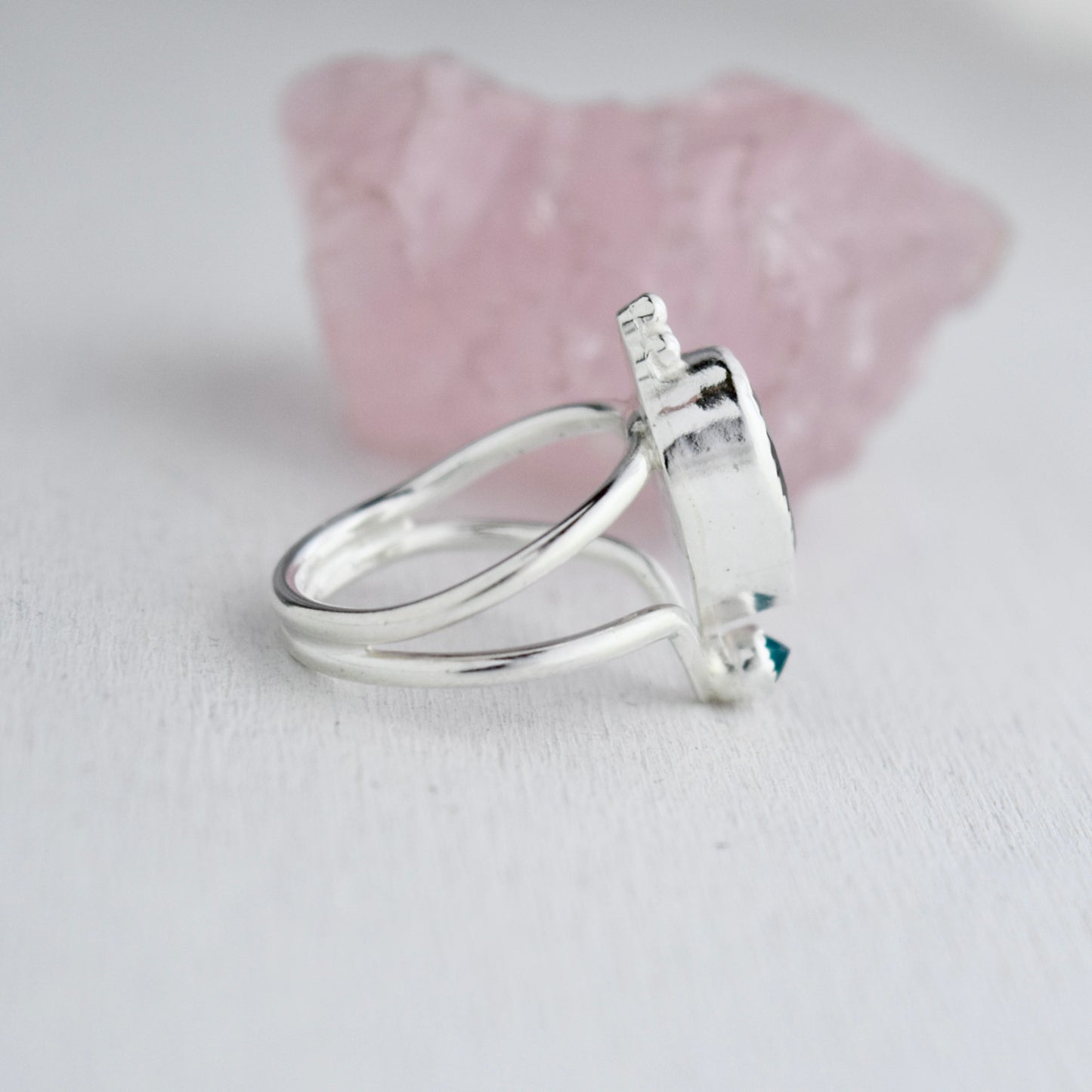 Starry Eyed Ring with Moss Agate and Lab Grown Emerald Size 5
