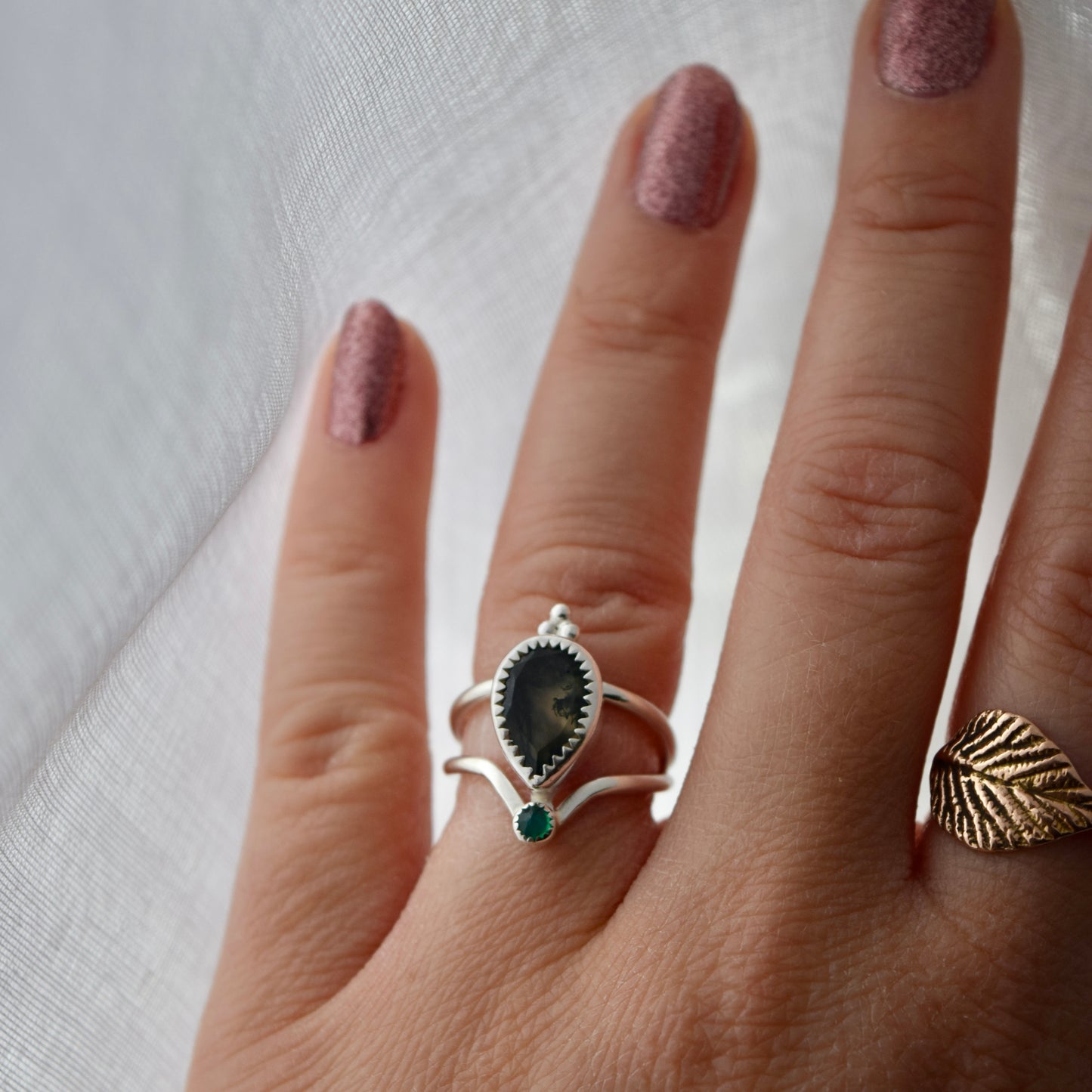 Starry Eyed Ring with Moss Agate and Lab Grown Emerald Size 5