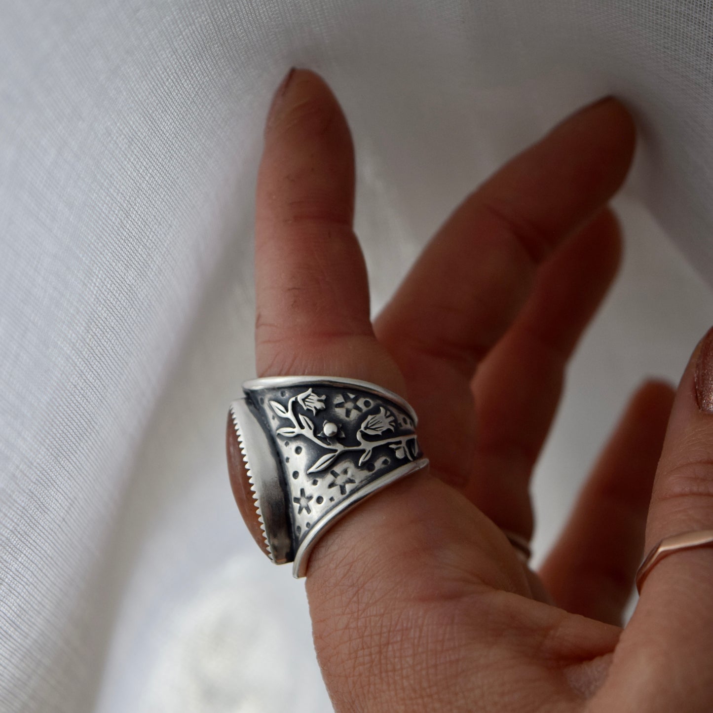 Belladonna Armor Shield Ring with Sunstone size 6