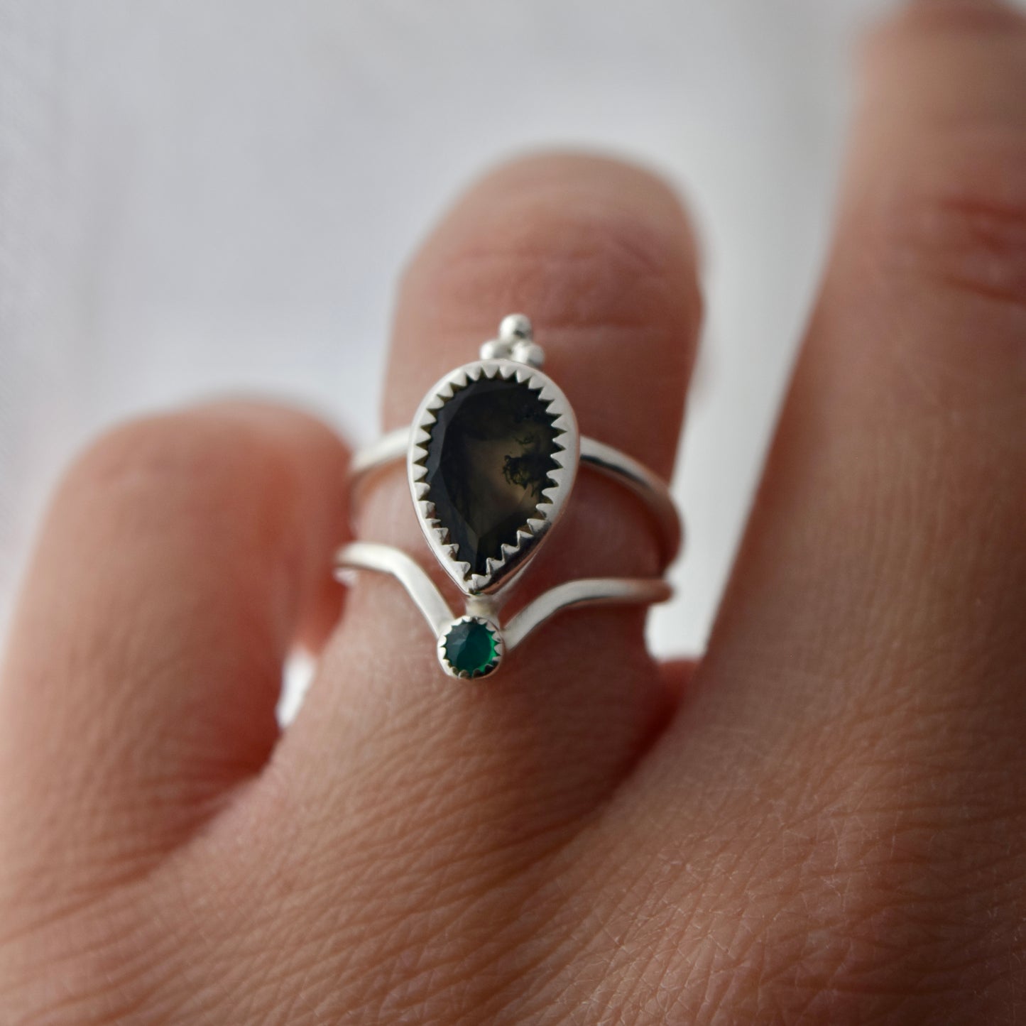 Starry Eyed Ring with Moss Agate and Lab Grown Emerald Size 5