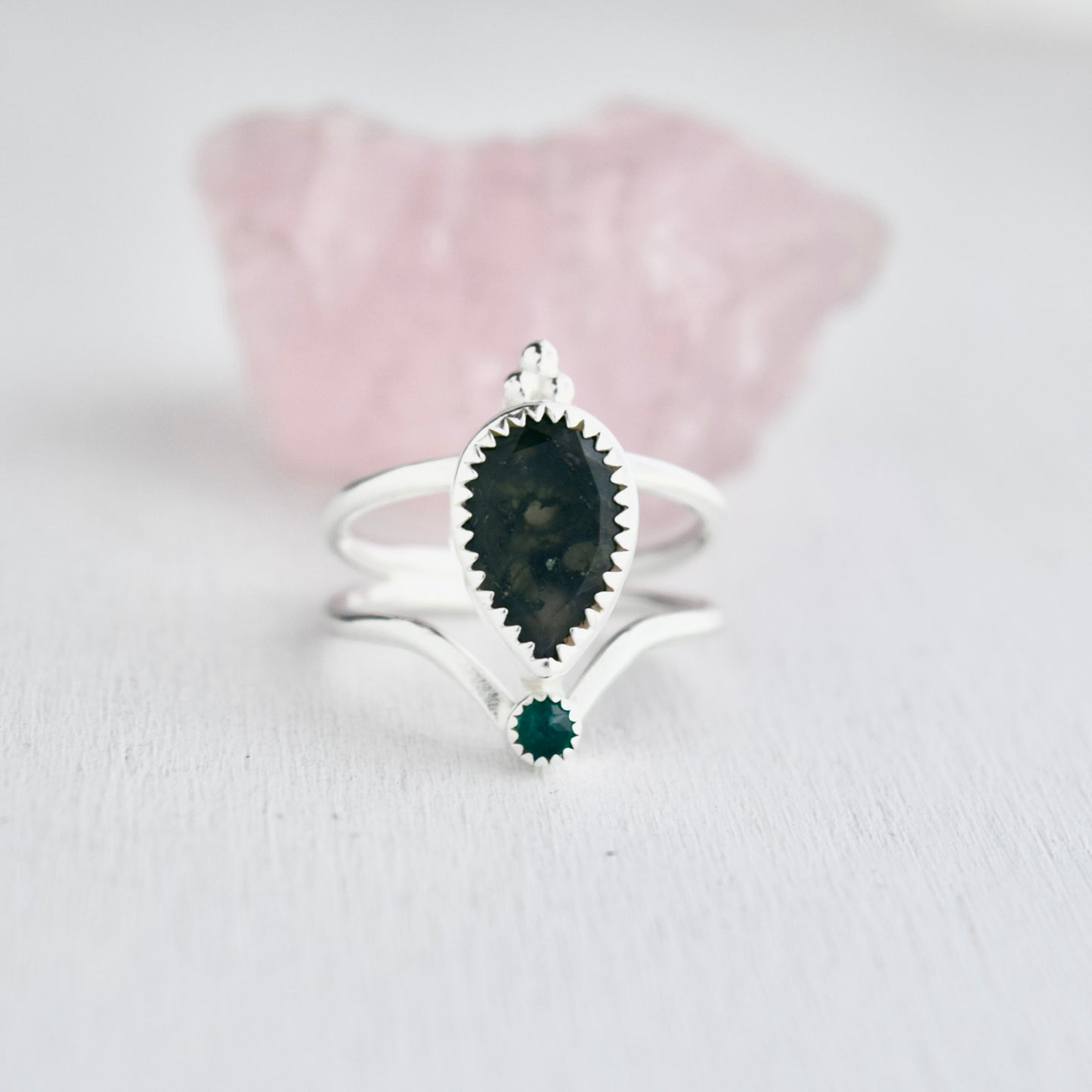 Starry Eyed Ring with Moss Agate and Lab Grown Emerald Size 6