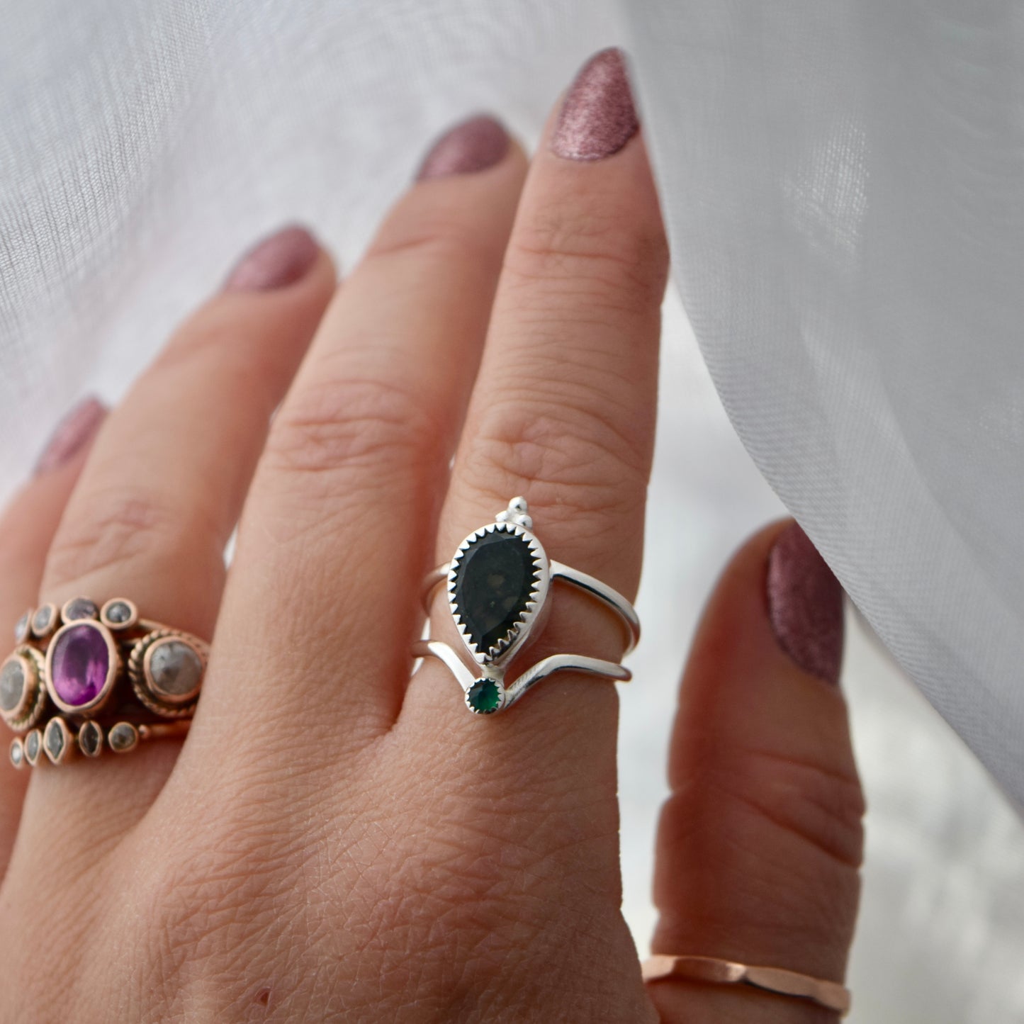 Starry Eyed Ring with Moss Agate and Lab Grown Emerald Size 6