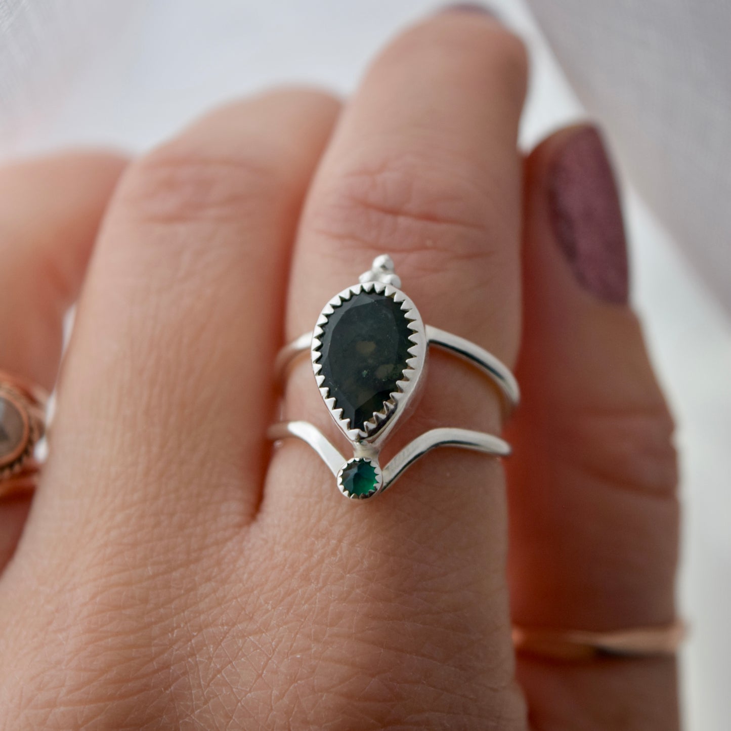 Starry Eyed Ring with Moss Agate and Lab Grown Emerald Size 6