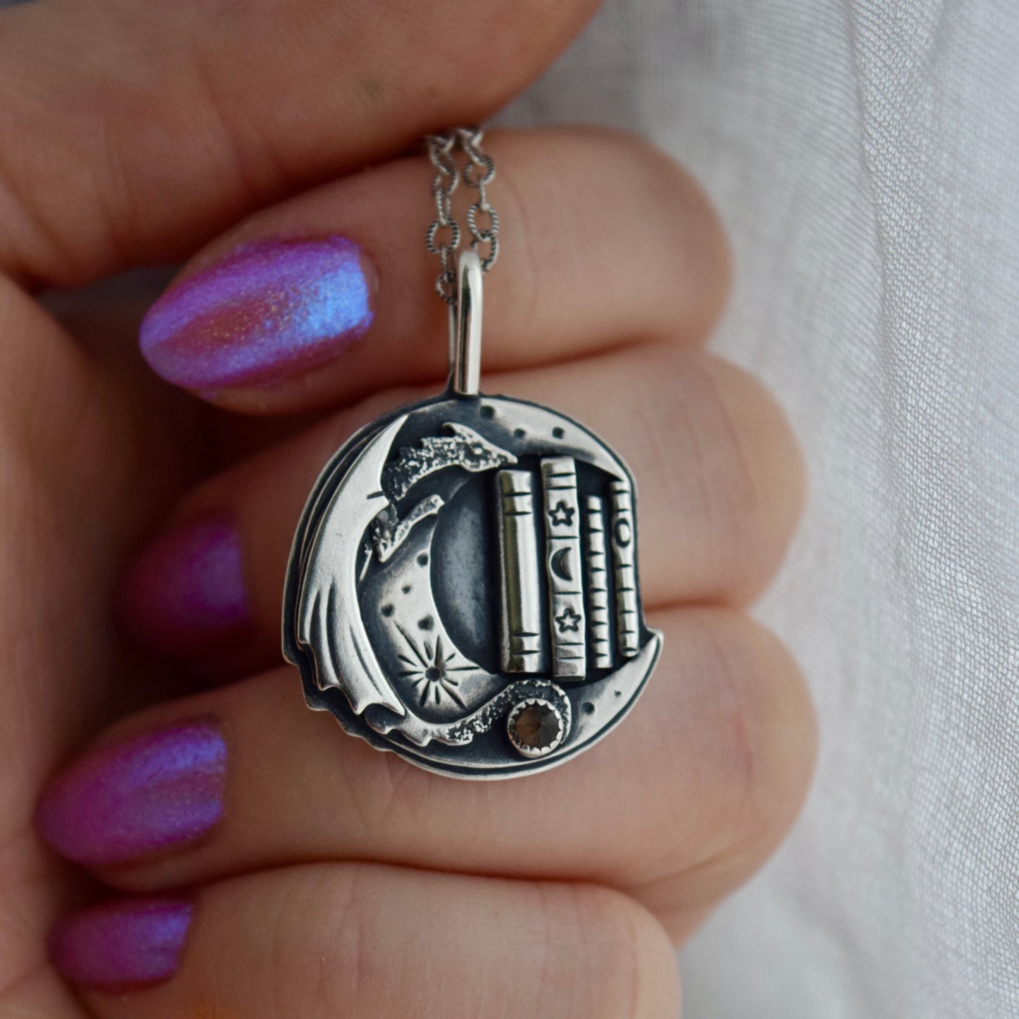 Lunar Bookshelf Necklace with Smokey Quartz