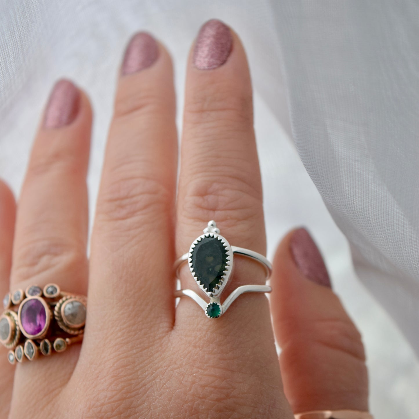 Starry Eyed Ring with Moss Agate and Lab Grown Emerald Size 6