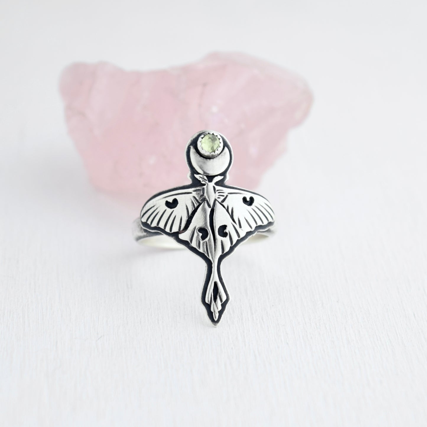 Luna Moth Ring with Peridot size 7