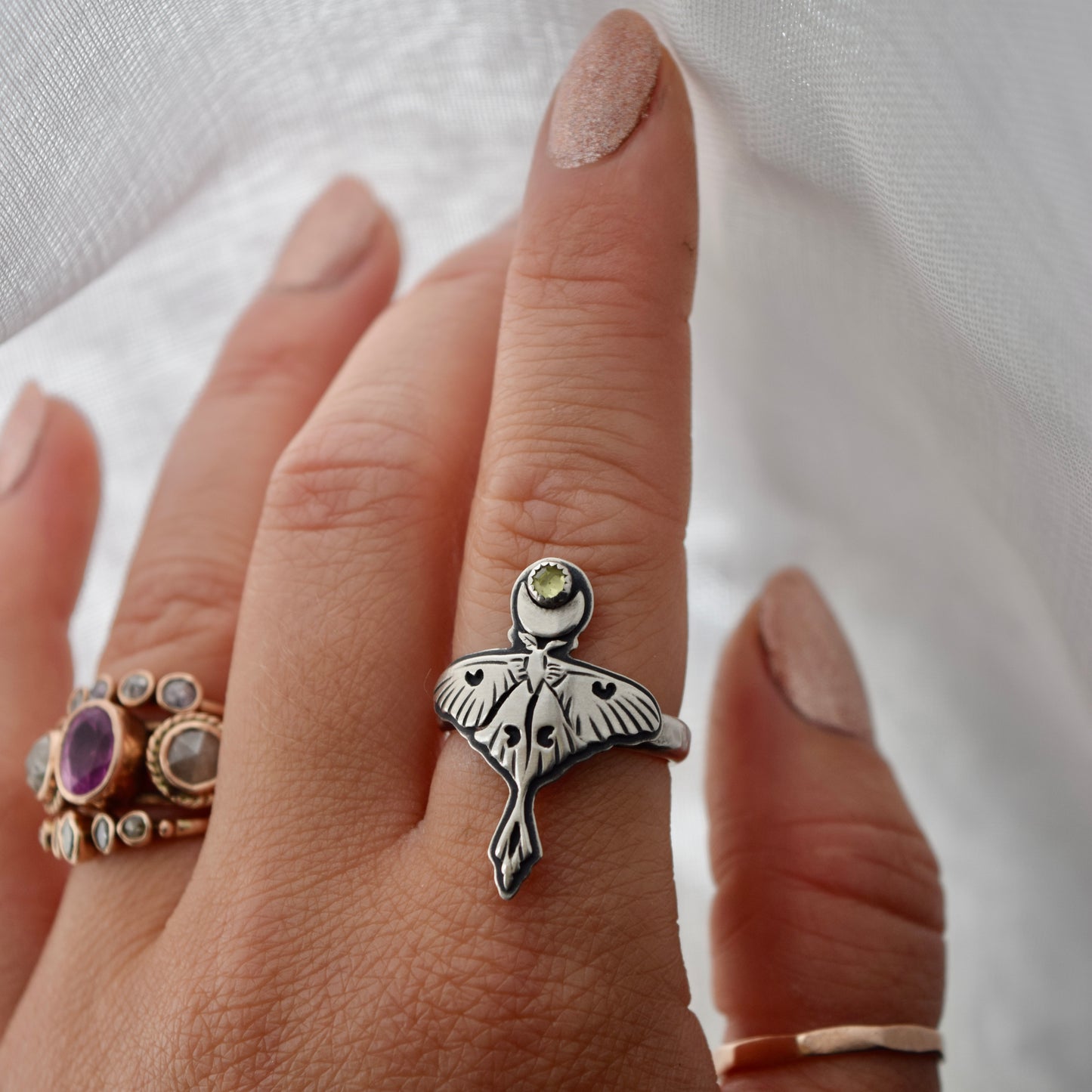 Luna Moth Ring with Peridot size 7