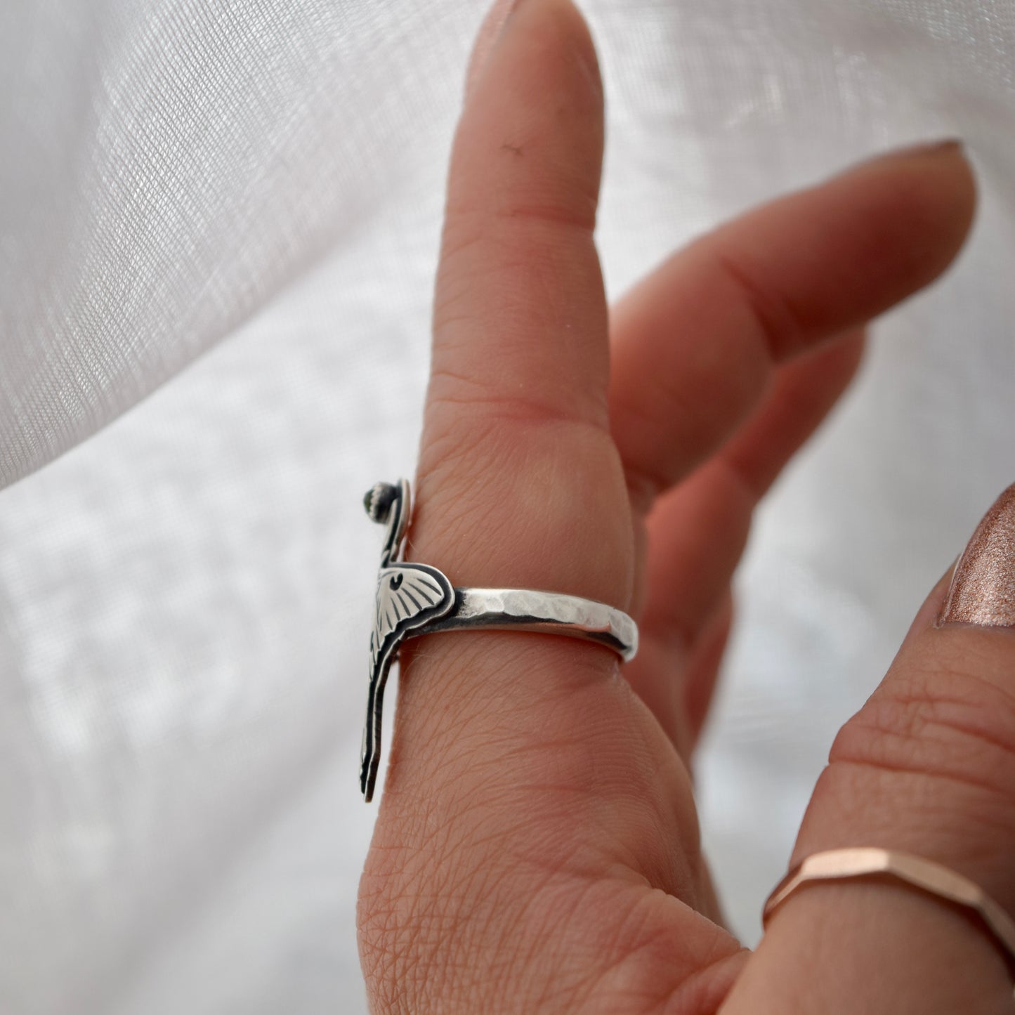 Luna Moth Ring with Peridot size 7