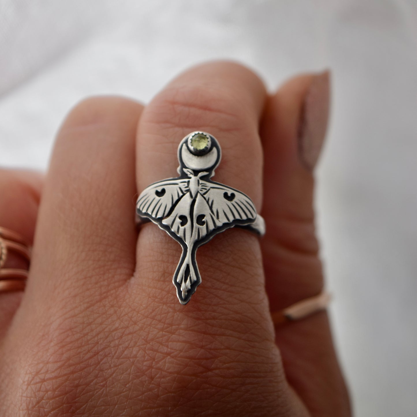 Luna Moth Ring with Peridot size 7