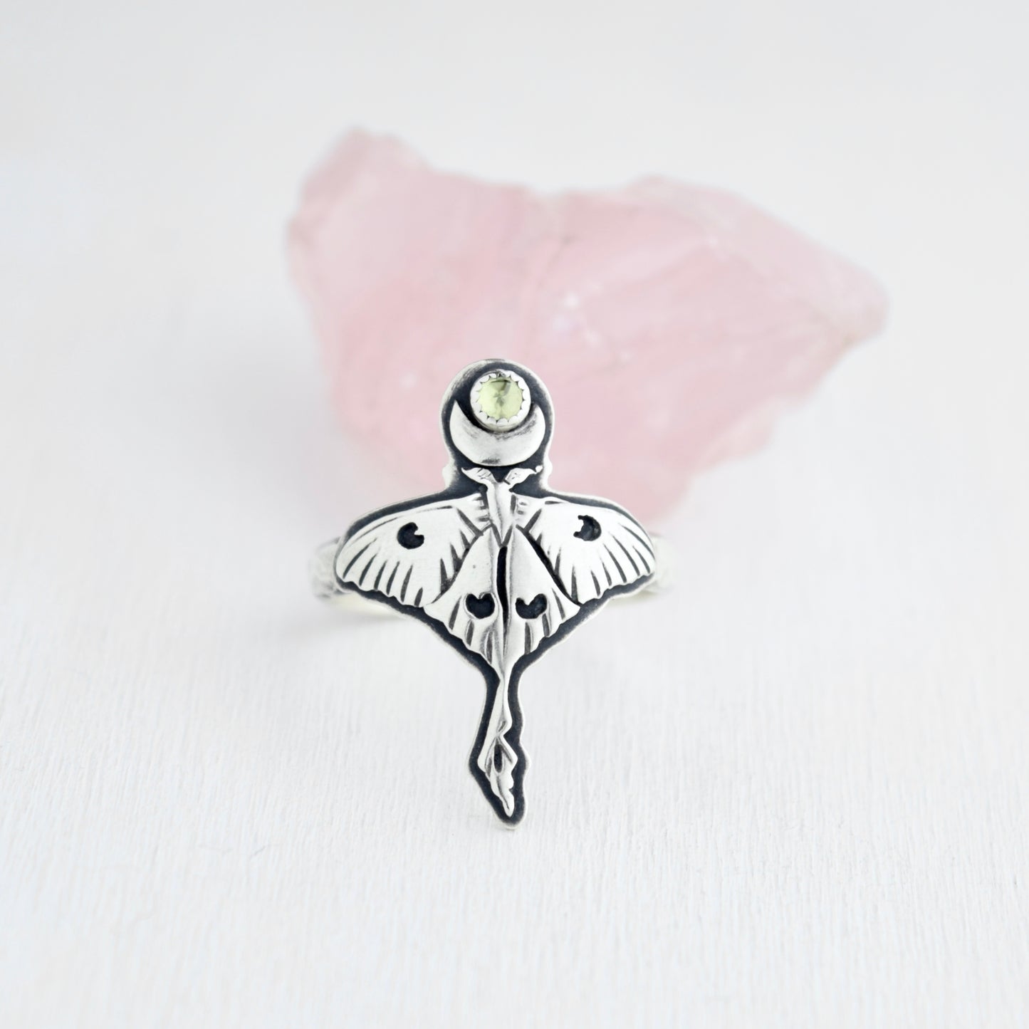 Luna Moth Ring with Peridot size 9
