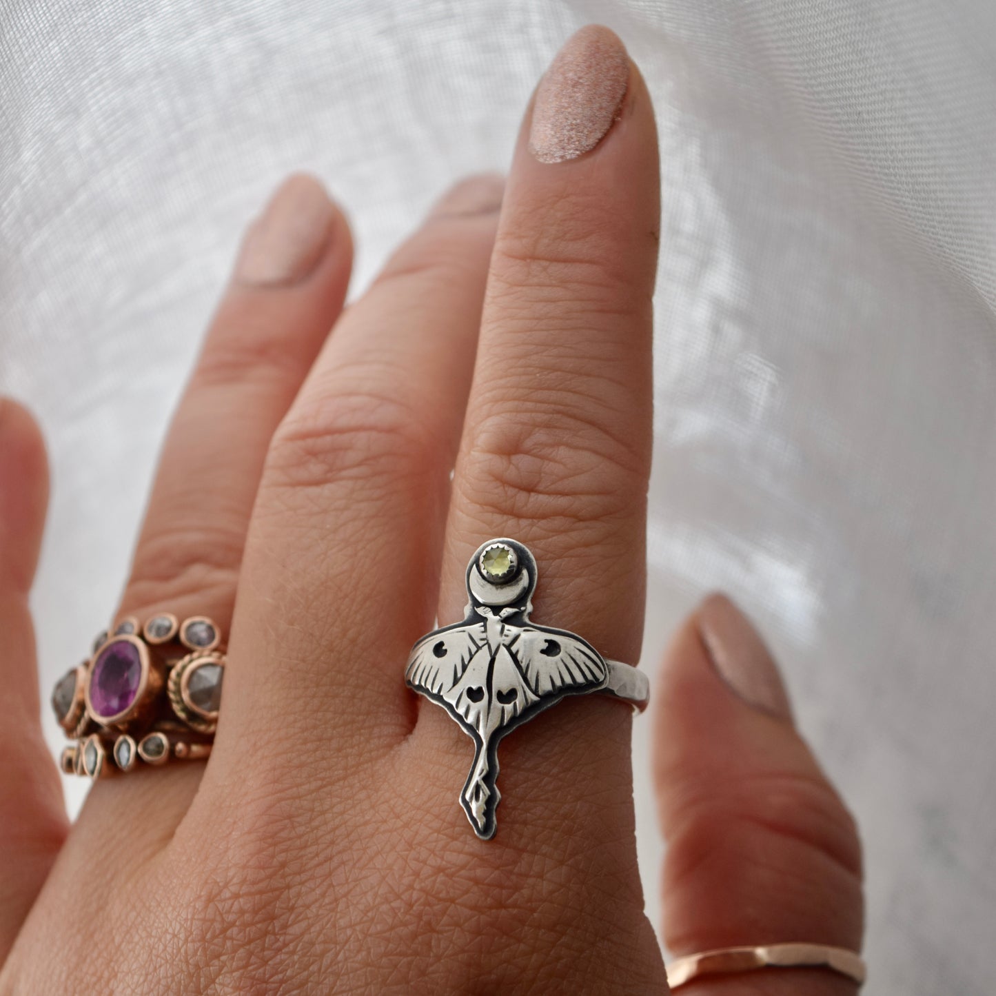 Luna Moth Ring with Peridot size 9