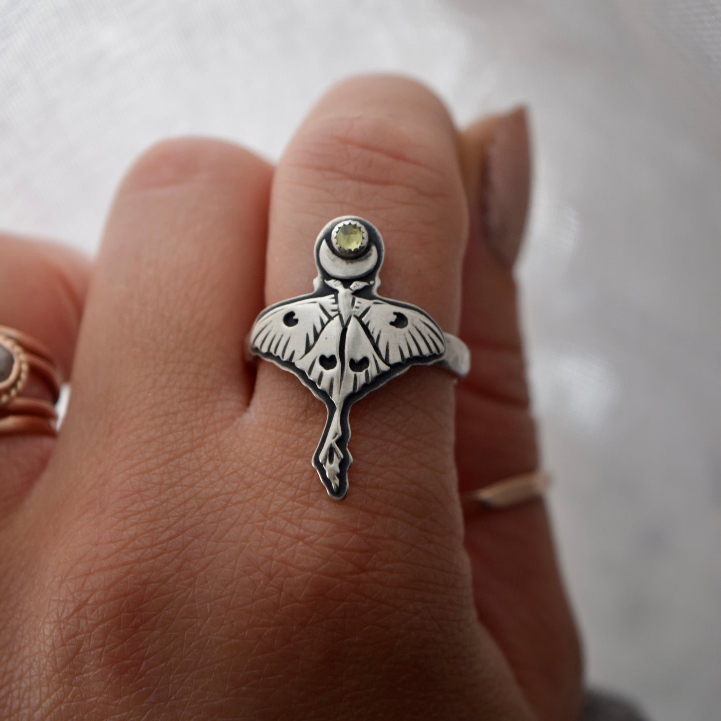 Luna Moth Ring with Peridot size 9