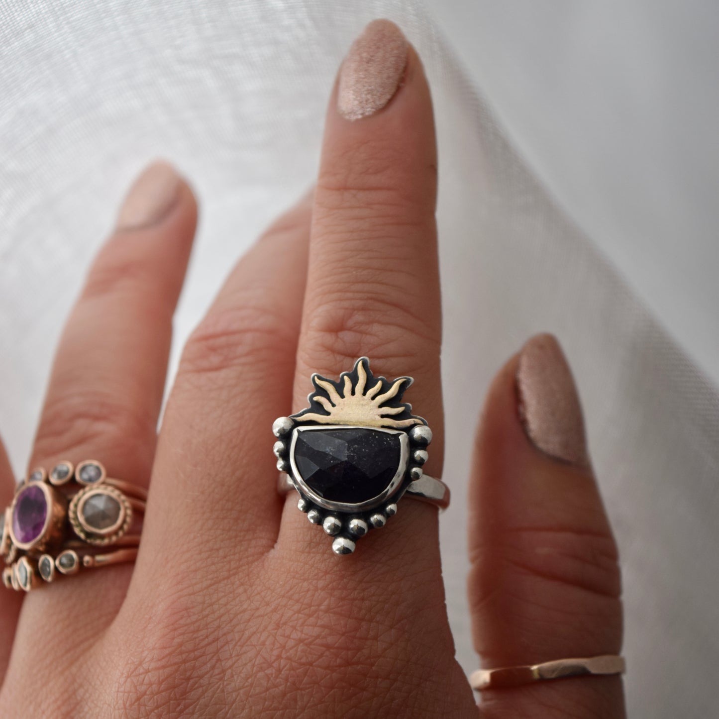 Sunrise Ring with Iolite and Gold Fill Size 8