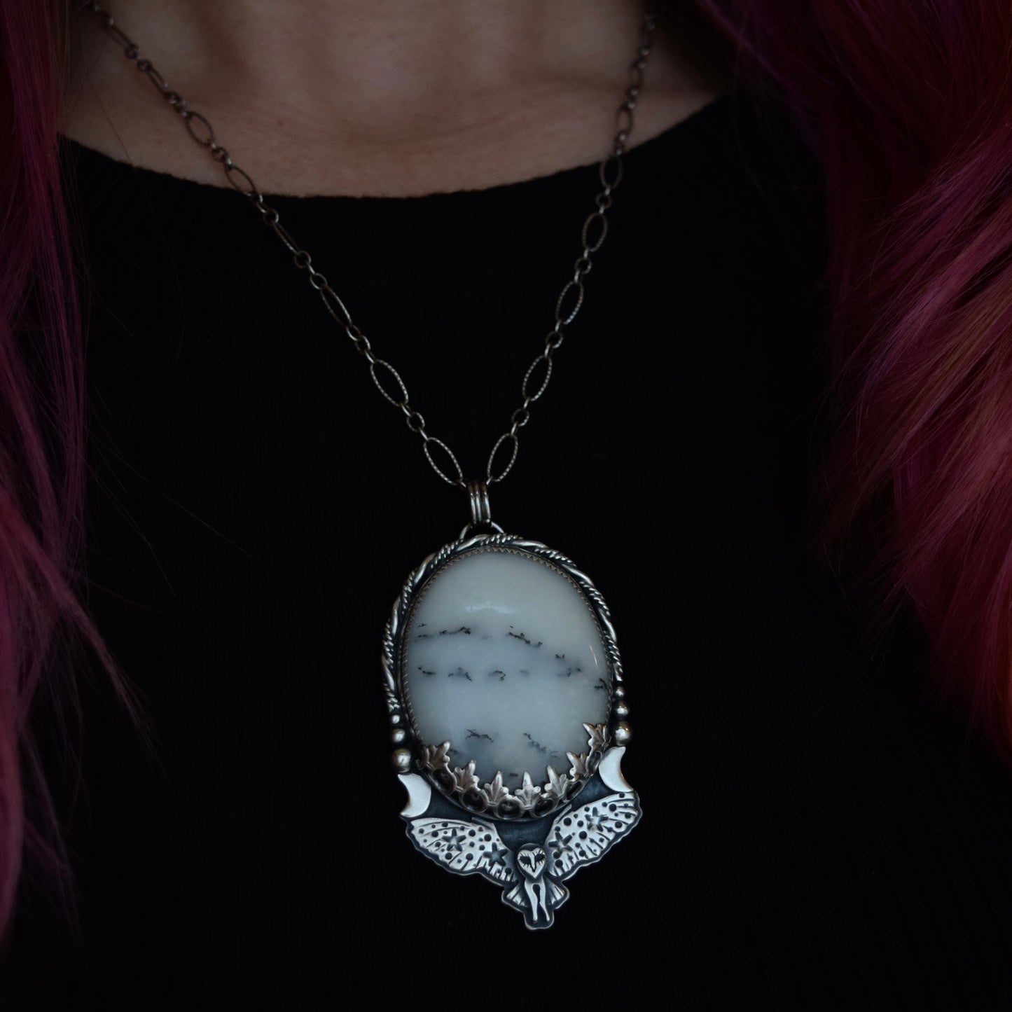Celestial Owl Worry Stone Pendant with Dendritic Agate