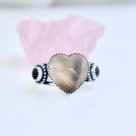 Heart Ring with Golden Rutilated Quarts and Black Moonstone size 7