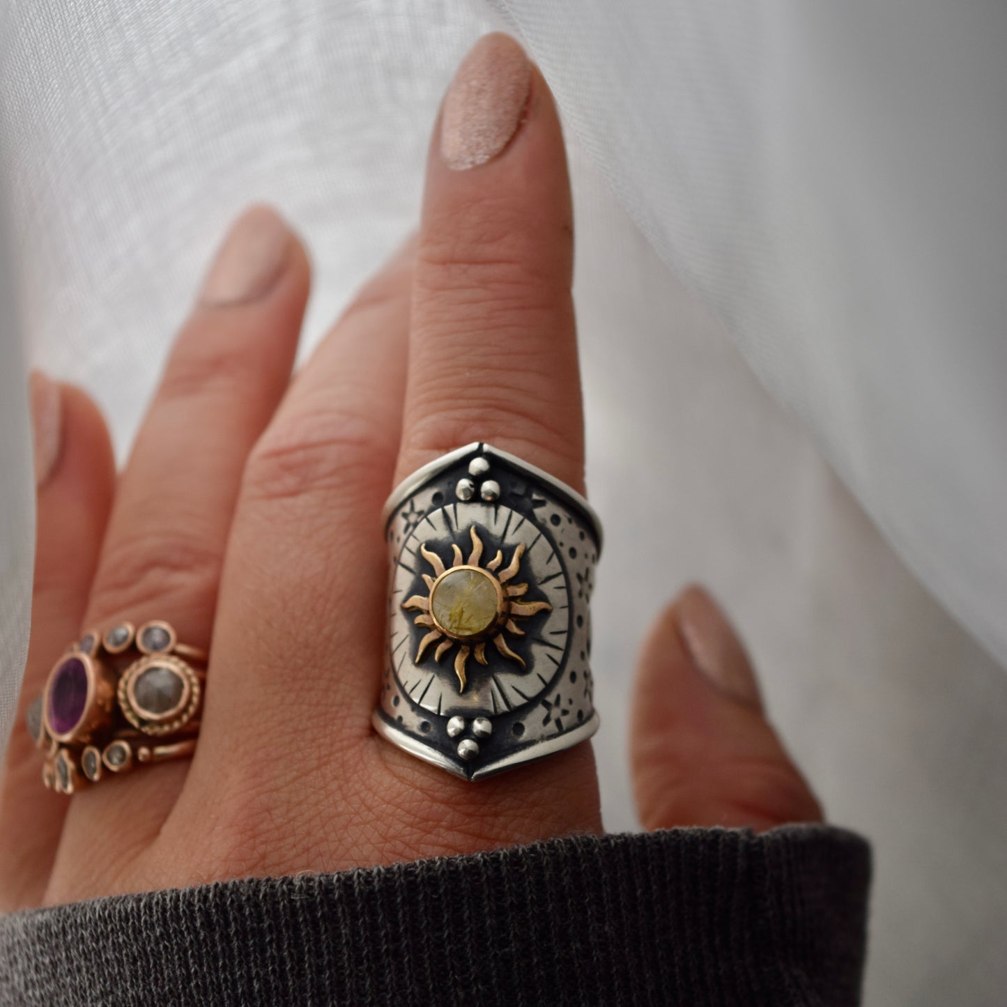 Solar Armor Shield Ring with Golden Rutilated Quartz size 6