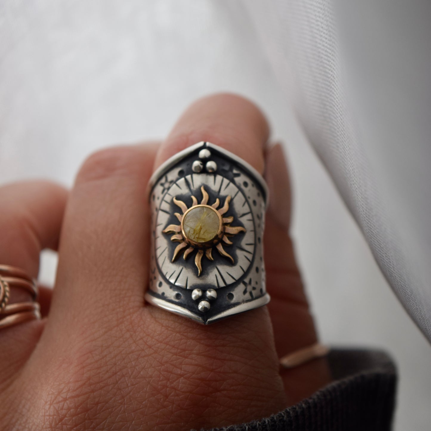Solar Armor Shield Ring with Golden Rutilated Quartz size 6