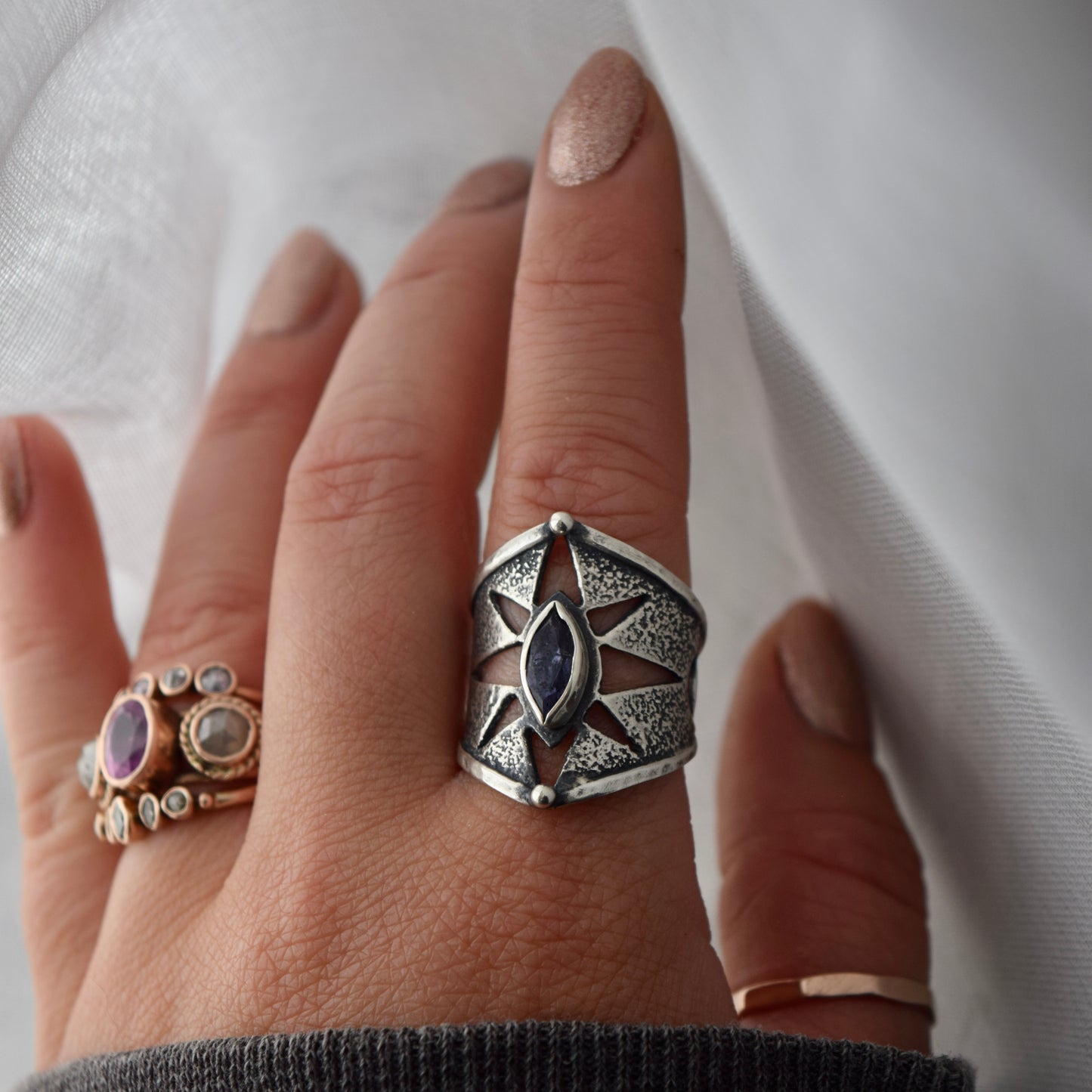 Starlight Armor Shield Ring with Iolite size 7