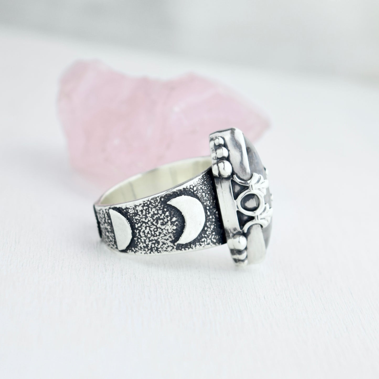 Lunar Phase Statement Ring with Rainbow Moonstone size 7.25
