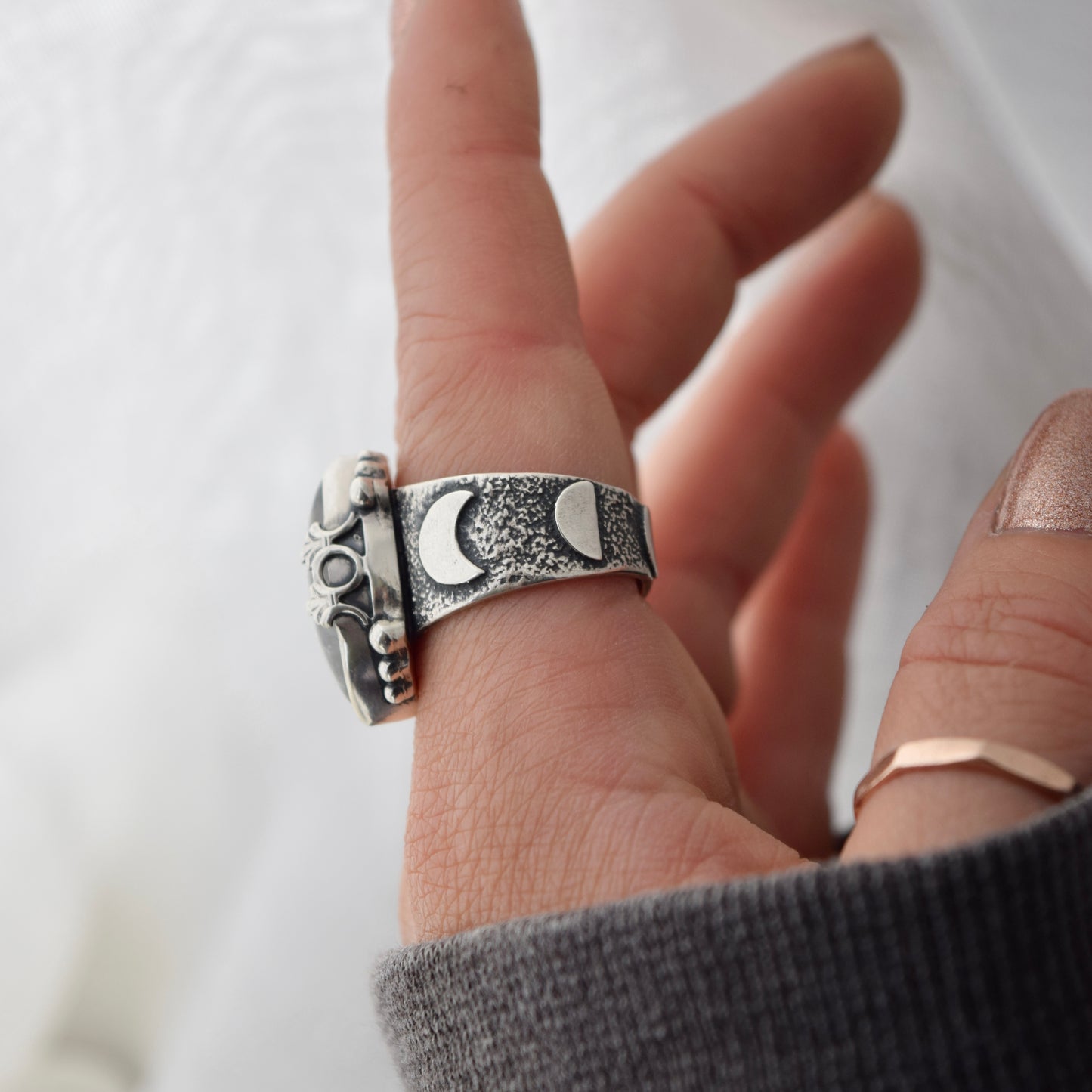 Lunar Phase Statement Ring with Rainbow Moonstone size 7.25