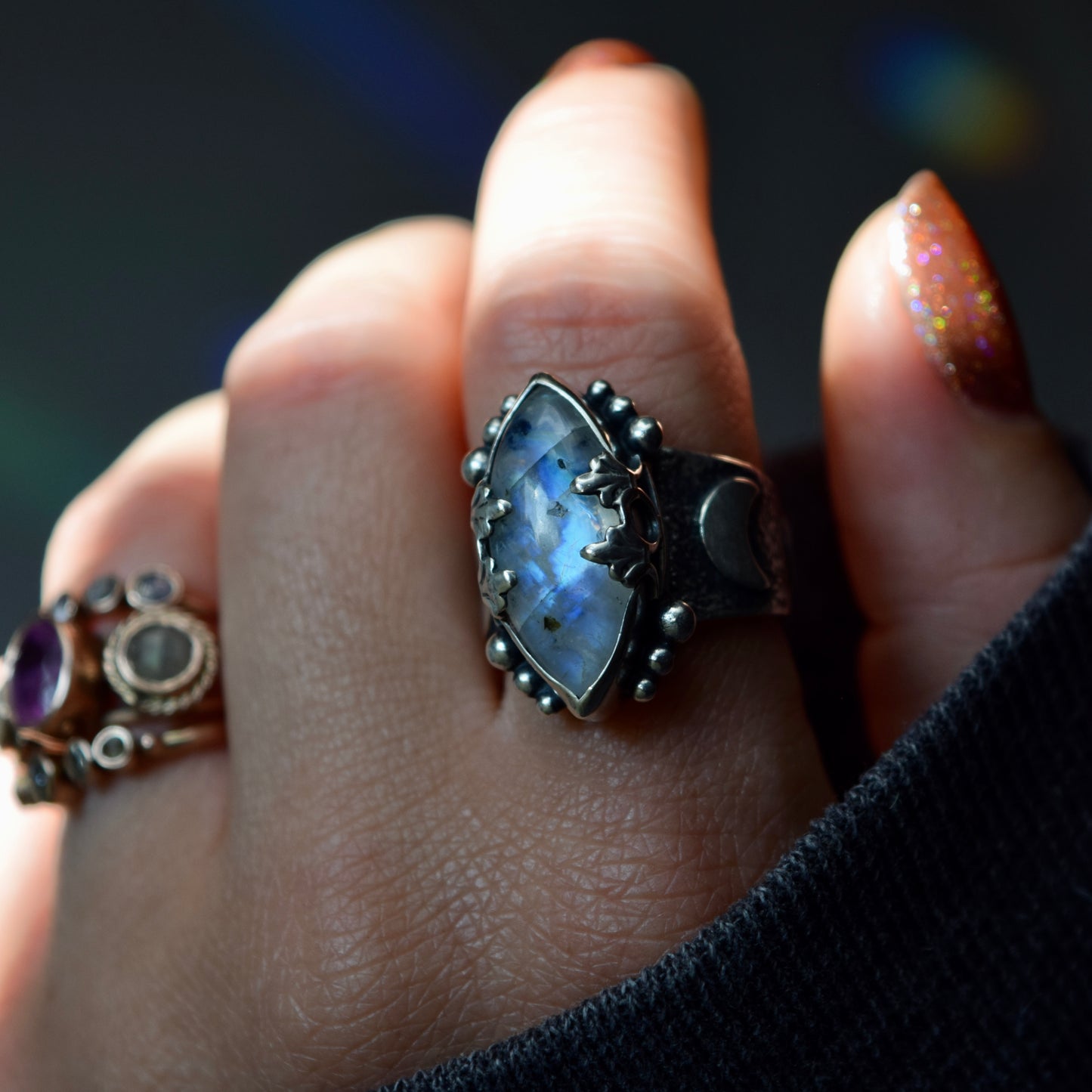 Lunar Phase Statement Ring with Rainbow Moonstone size 7.25